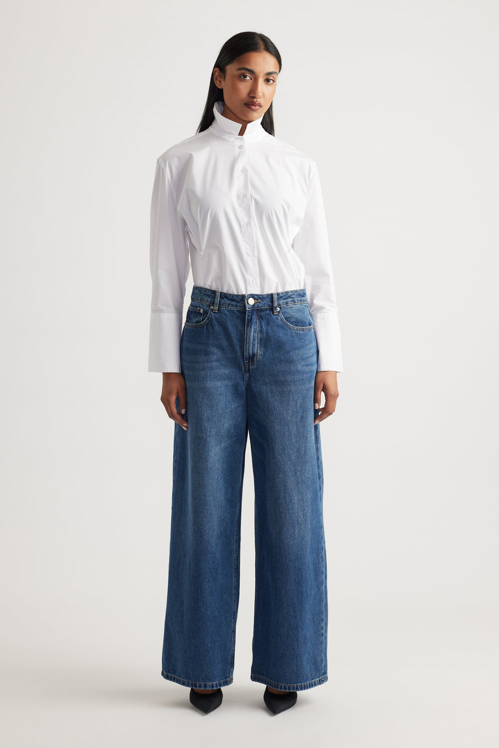 Front view of Elena Wide Leg Jean in classic blue 100% cotton denim with high waist and relaxed fit by Decjuba Australian brand
