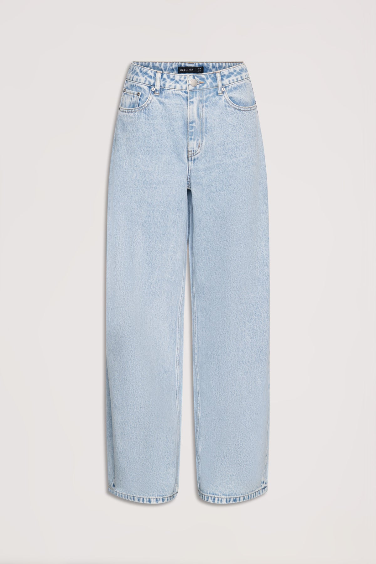 Light wash high-rise wide leg jeans with classic five-pocket styling for a relaxed, stylish denim look.