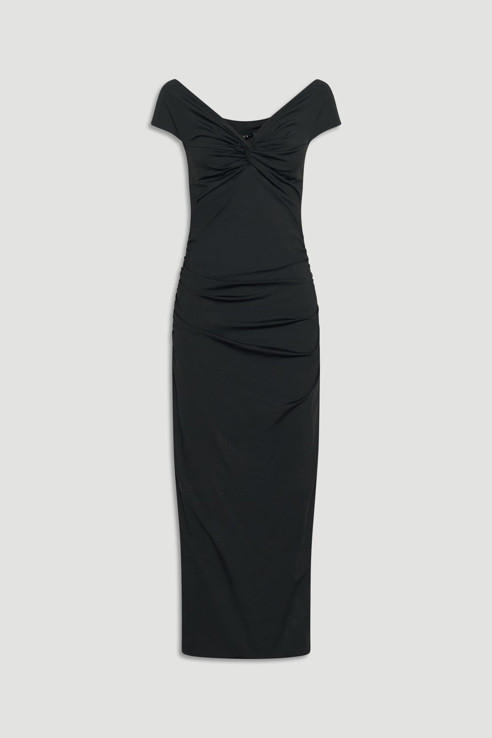 Black midi dress with a twist detail at the bust and subtle ruching for an elegant, flattering fit