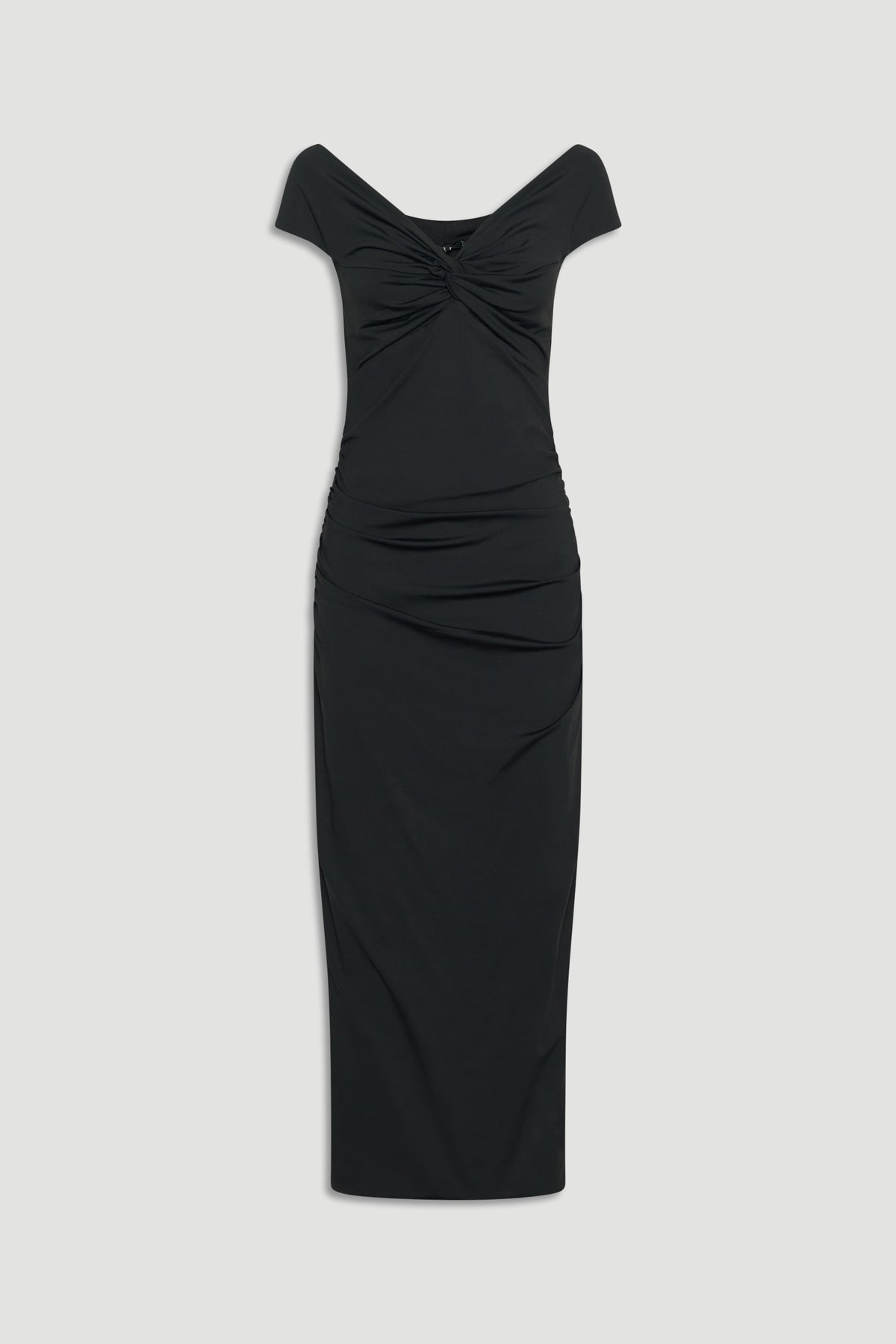 Black midi dress with a twist detail at the bust and subtle ruching for an elegant, flattering fit