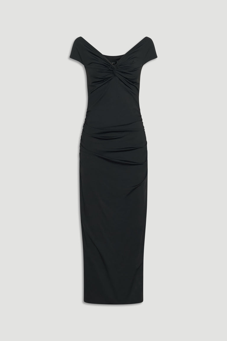 Black midi dress with a twist detail at the bust and subtle ruching for an elegant, flattering fit