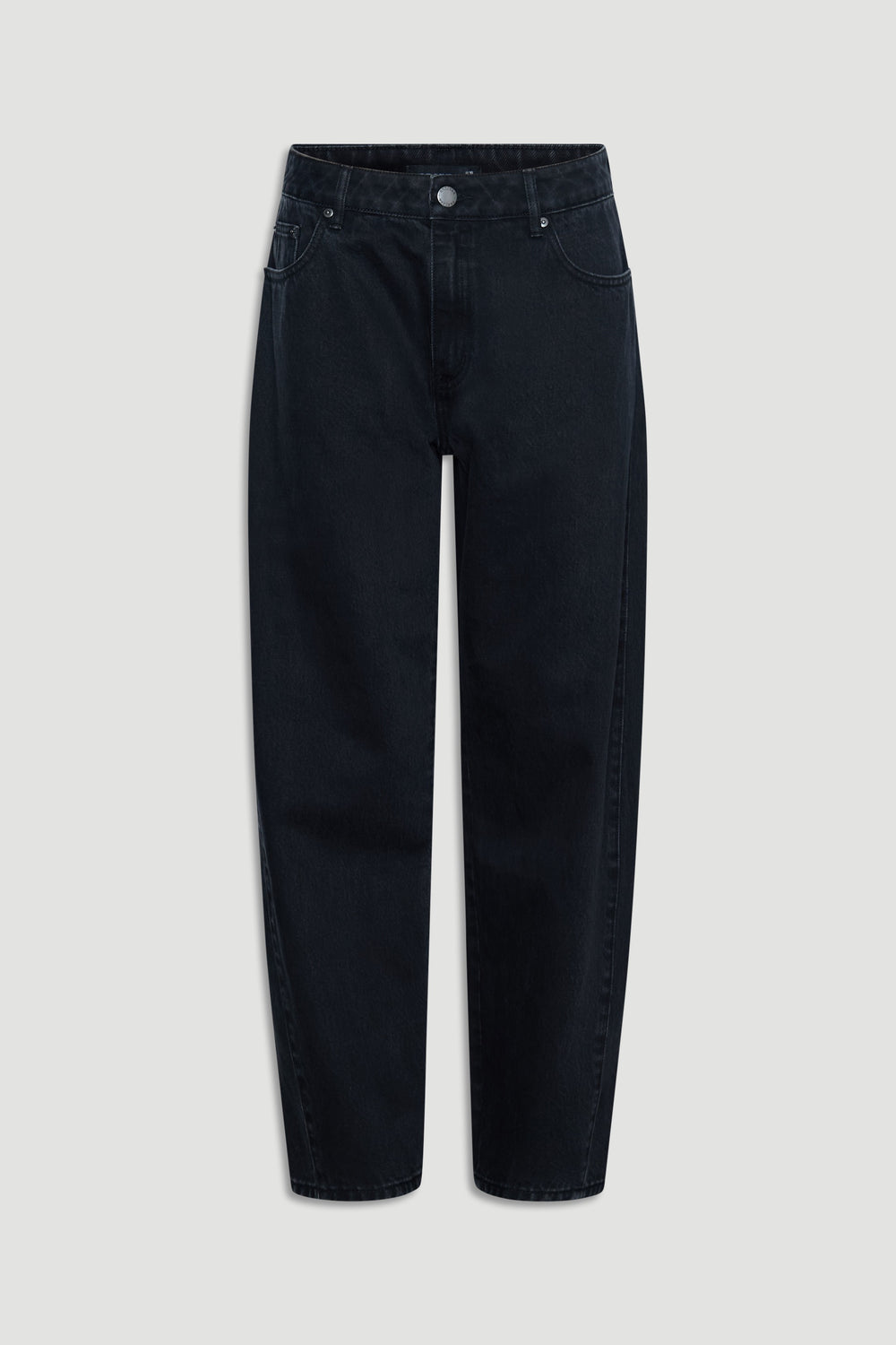 Flat lay of Camille Barrel Leg Jean in black denim crafted from 100% cotton by Decjuba, an Australian fashion brand