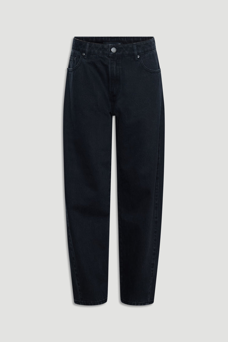 Flat lay of Camille Barrel Leg Jean in black denim crafted from 100% cotton by Decjuba, an Australian fashion brand