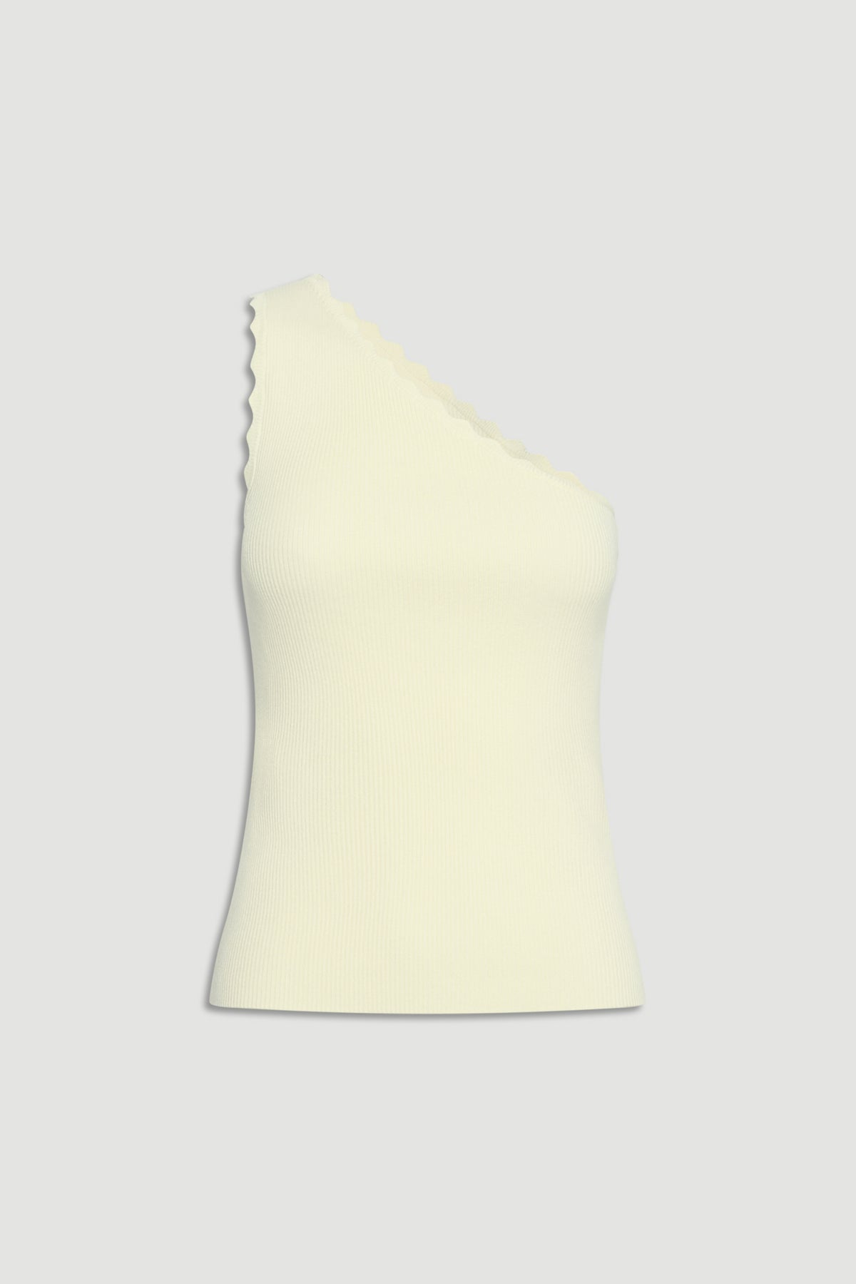 Soft lemon sorbet ribbed one-shoulder tank with scalloped edges, designed for effortless everyday style.