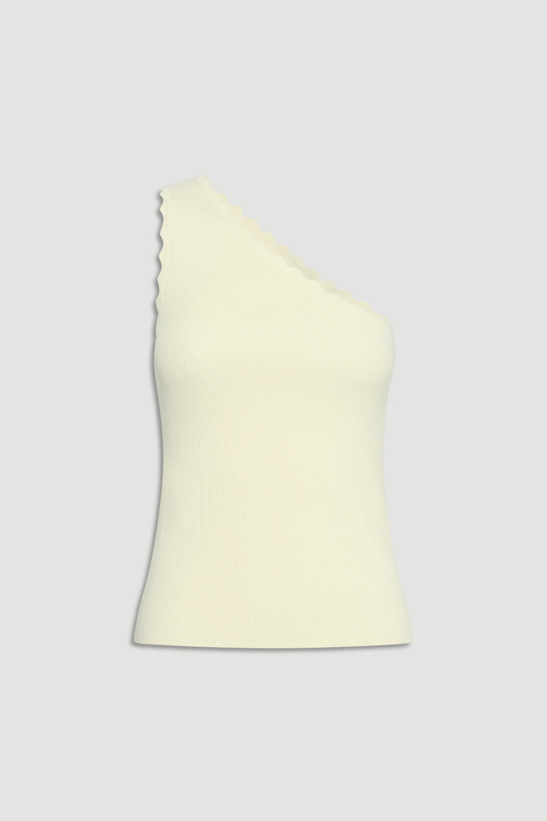 Soft lemon sorbet ribbed one-shoulder tank with scalloped edges, designed for effortless everyday style.