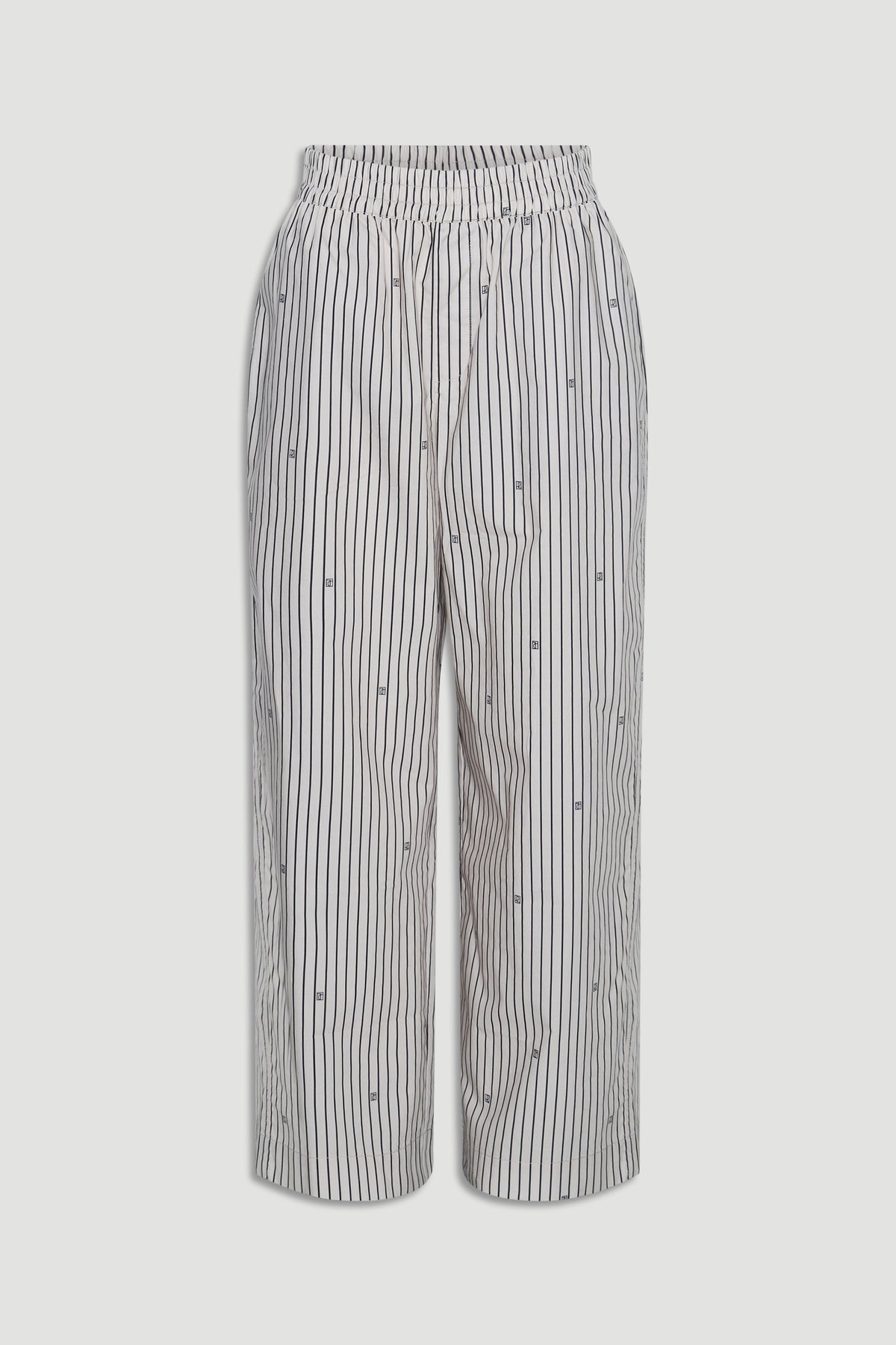 Light-colored wide-leg pants with vertical stripes and subtle monogram details, featuring an elasticated waistband.