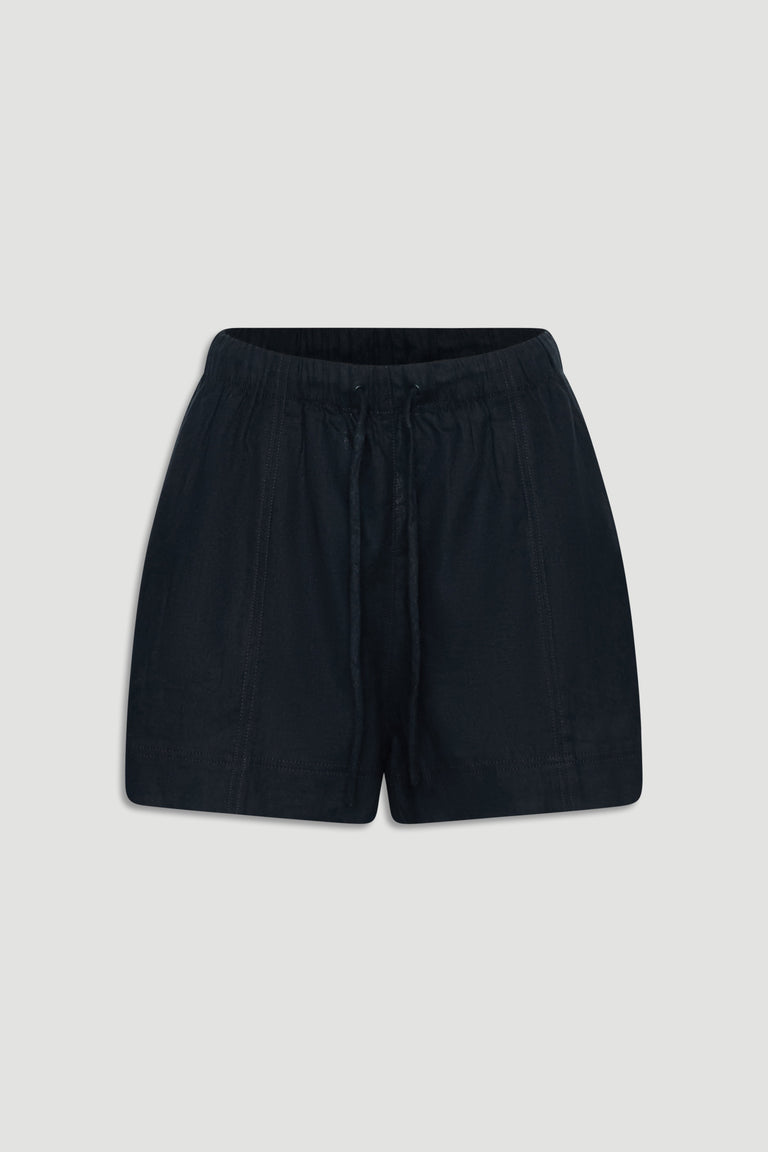 D-Luxe Linen Blend Short in black, lightweight breathable linen fabric, gallery position 4 portrait shot