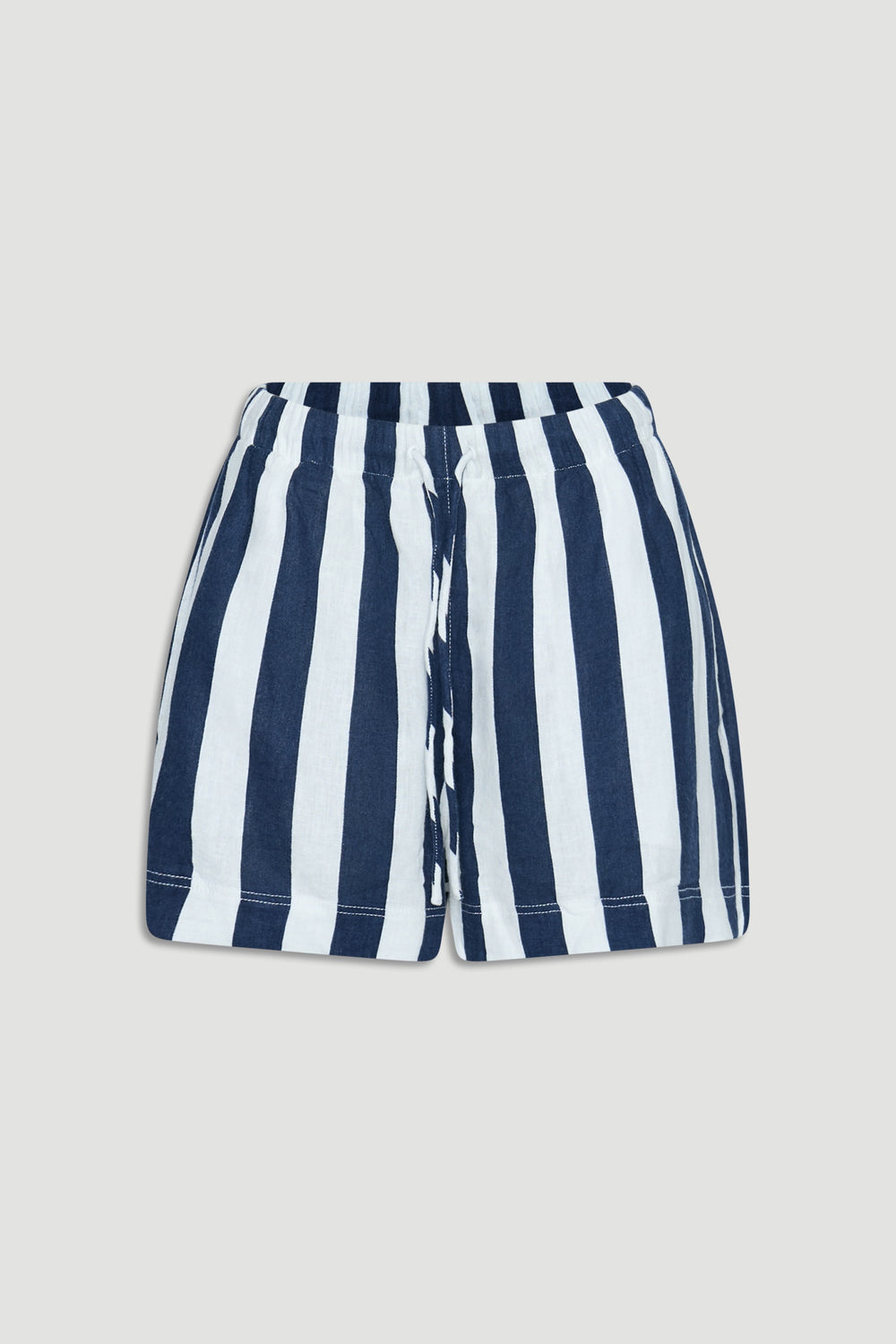 Navy and white striped linen blend shorts with a relaxed fit and elastic waistband for easy everyday comfort