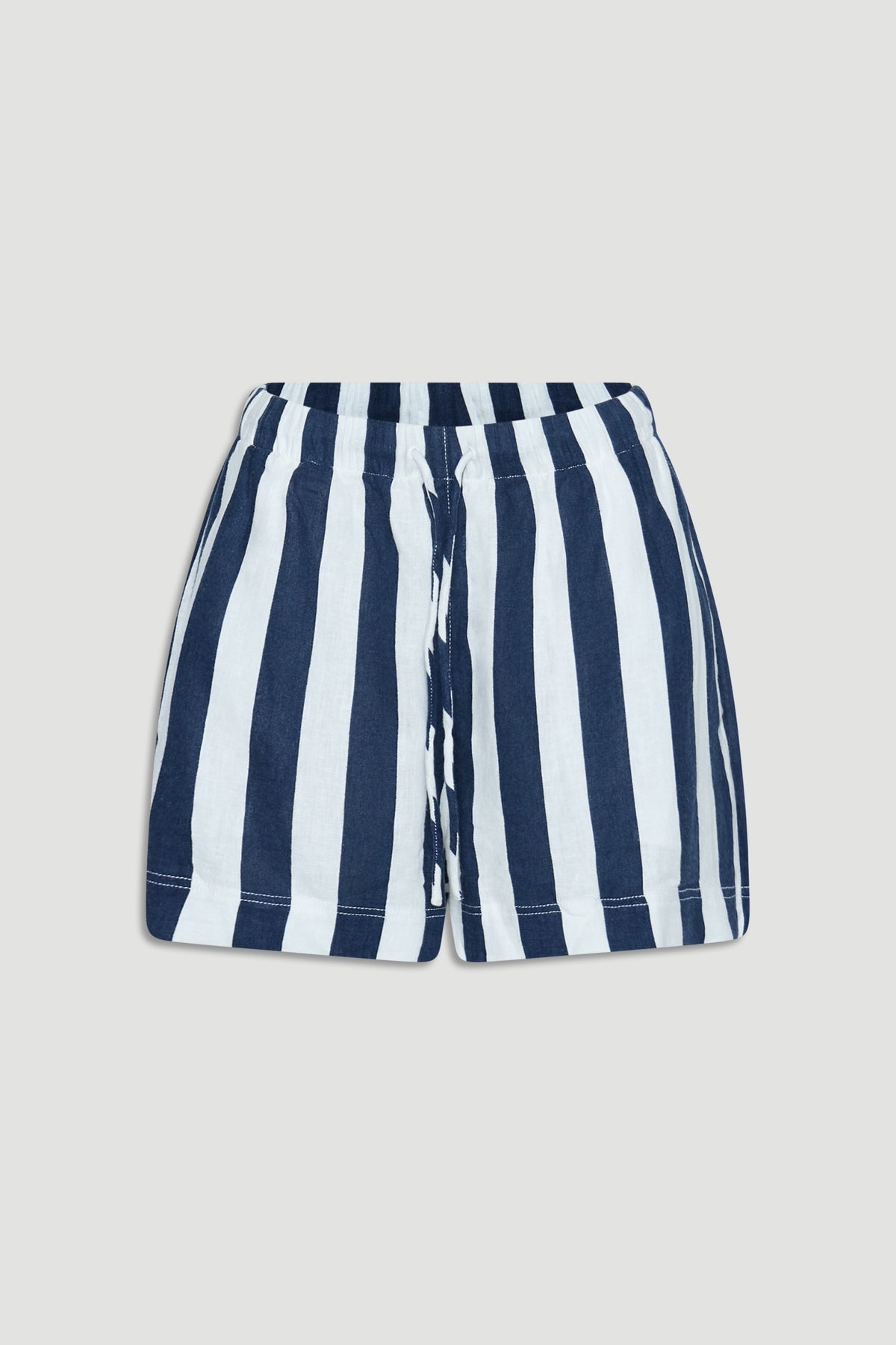Navy and white striped linen blend shorts with a relaxed fit and elastic waistband for easy everyday comfort