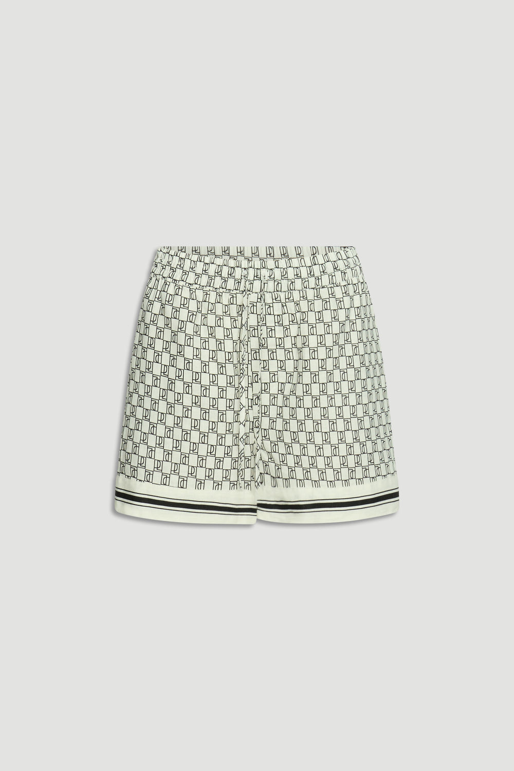 White and black monogram patterned shorts with elastic waistband and striped hem detailing.