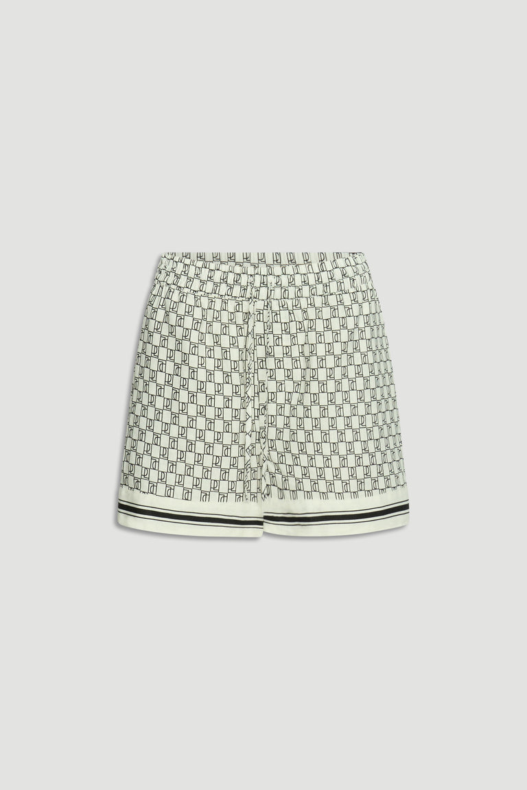 White and black monogram patterned shorts with elastic waistband and striped hem detailing.