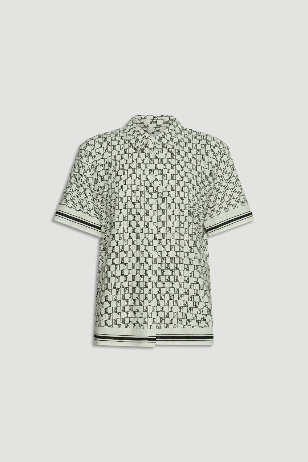 Short-sleeve button-up shirt with black monogram pattern and striped trim on sleeves and hem in neutral tones.