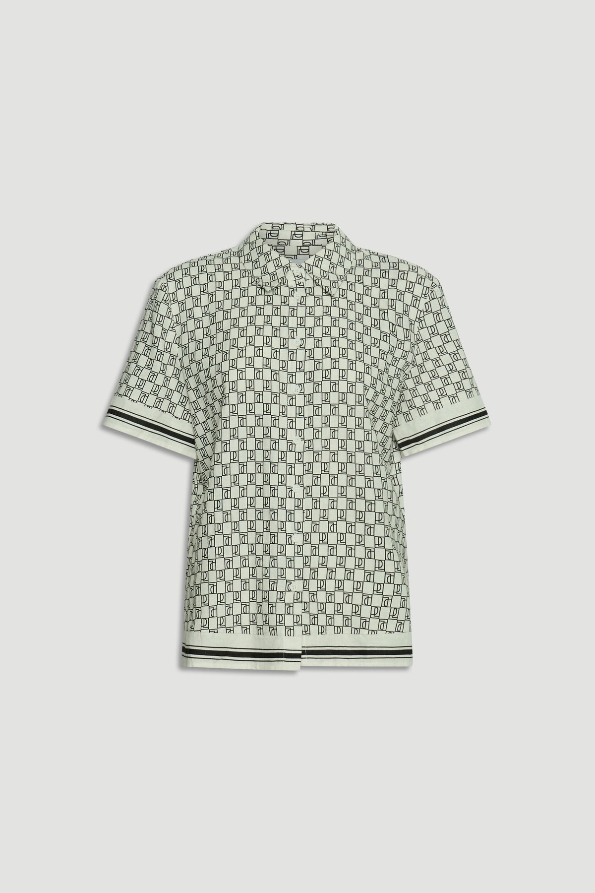 Short-sleeve button-up shirt with black monogram pattern and striped trim on sleeves and hem in neutral tones.