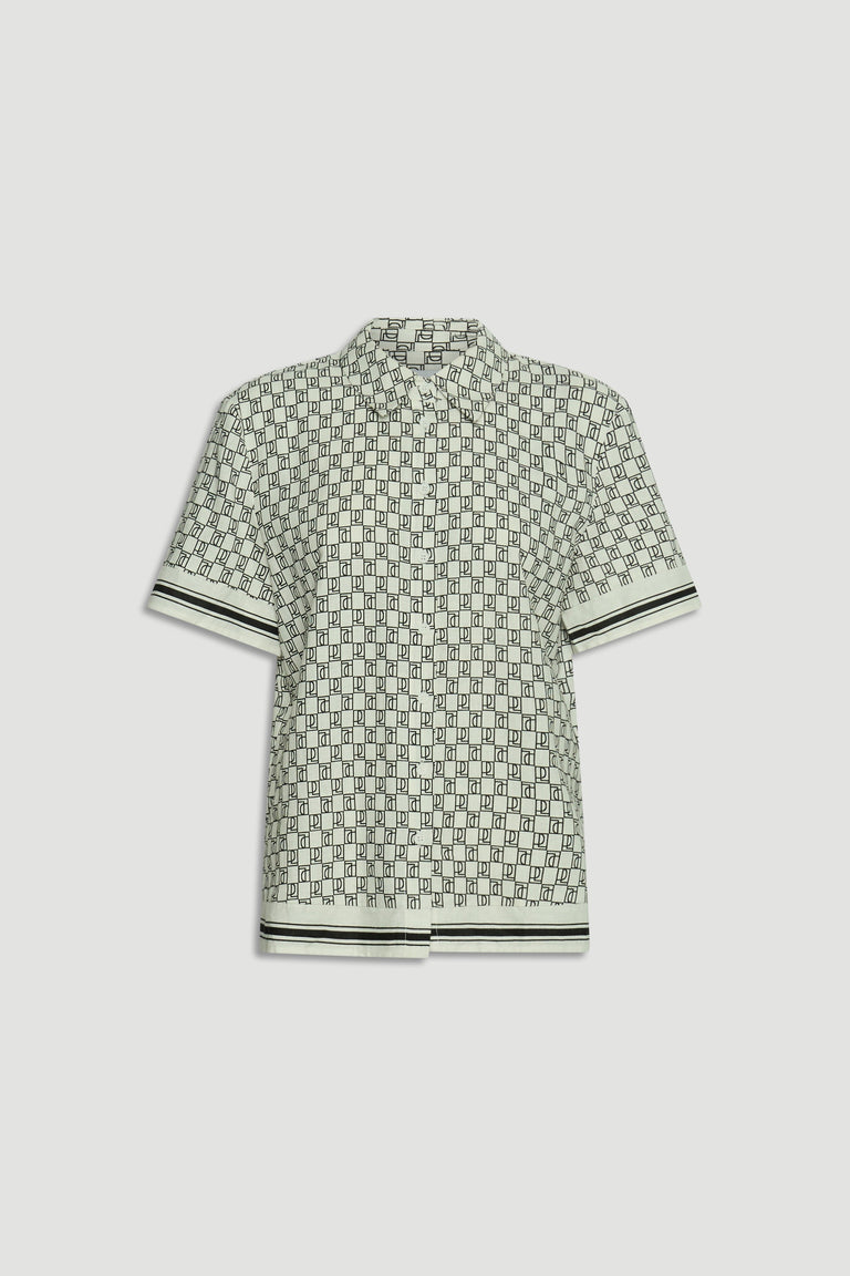 Short-sleeve button-up shirt with black monogram pattern and striped trim on sleeves and hem in neutral tones.