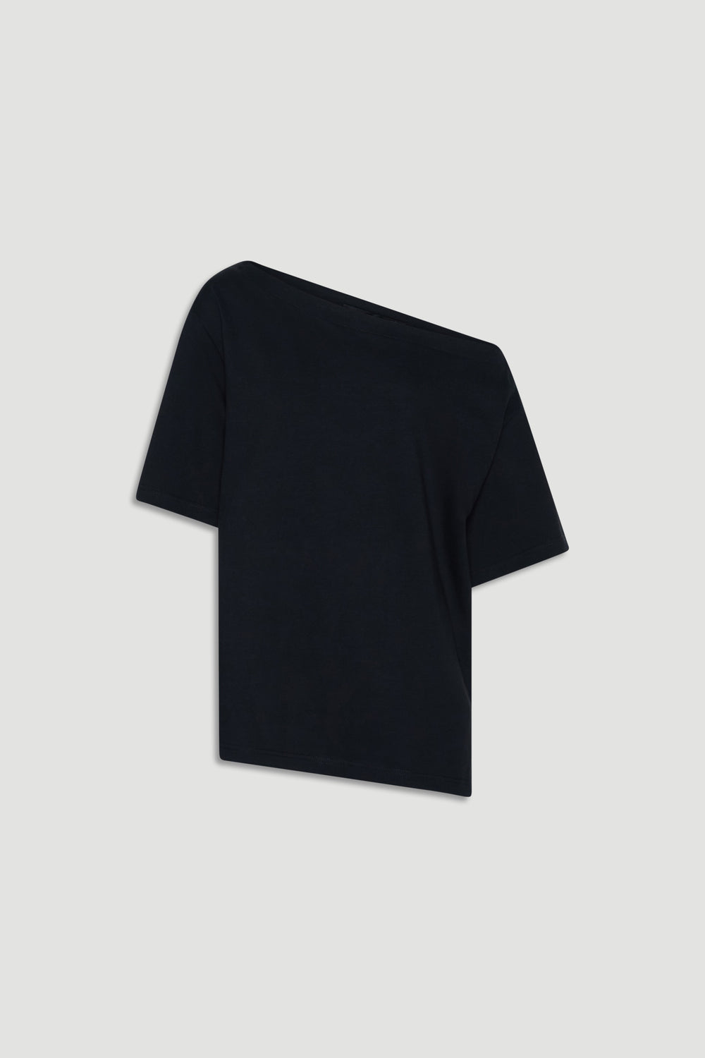 Black asymmetrical drop shoulder tee with relaxed fit for an effortless, versatile everyday style.