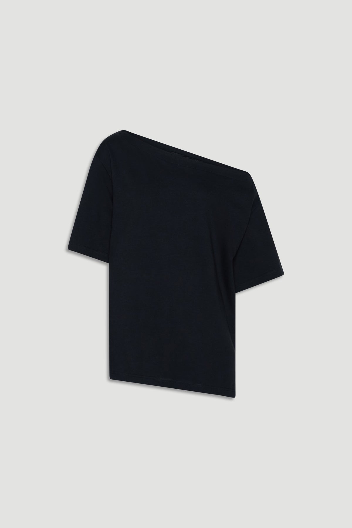 Black asymmetrical drop shoulder tee with relaxed fit for an effortless, versatile everyday style.
