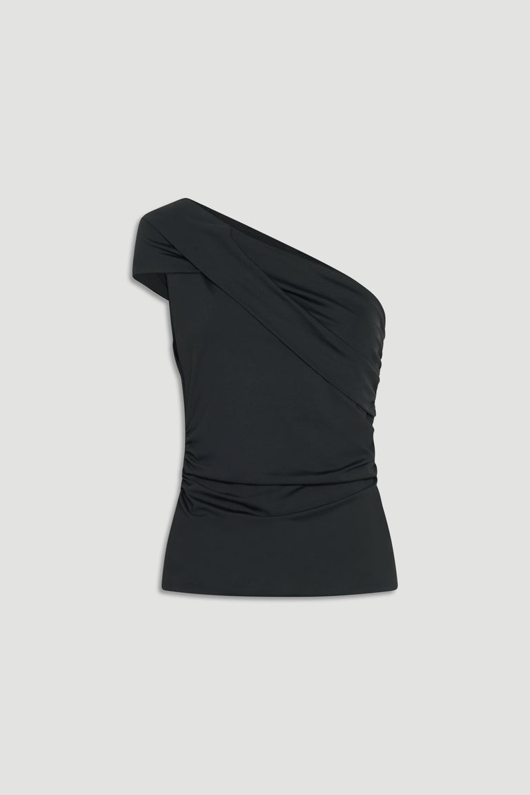 Black one-shoulder twist top with gathered detailing, designed for an elegant and versatile everyday look.