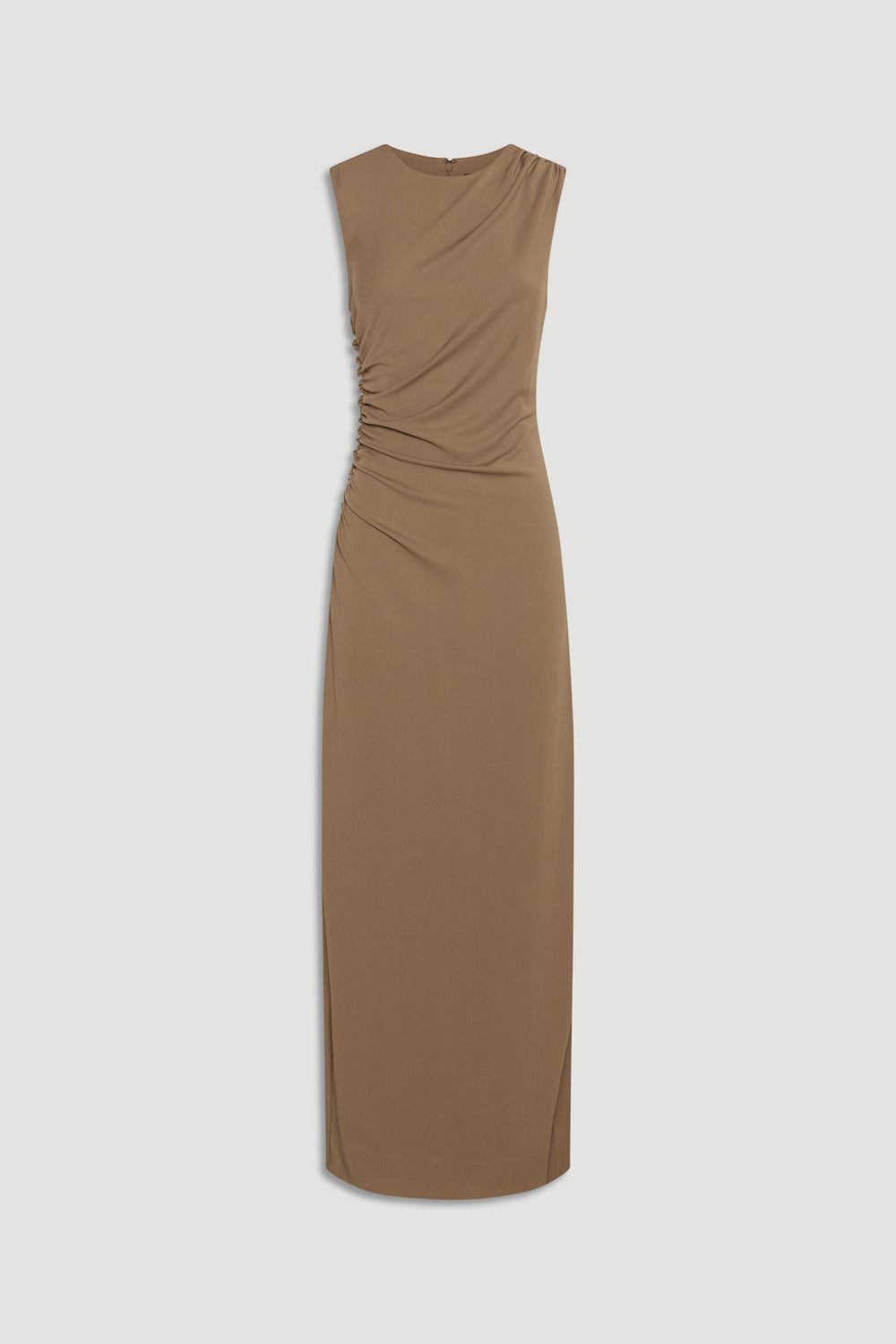 Sleeveless brown maxi dress with subtle ruched detailing on one side for an elegant, streamlined silhouette.