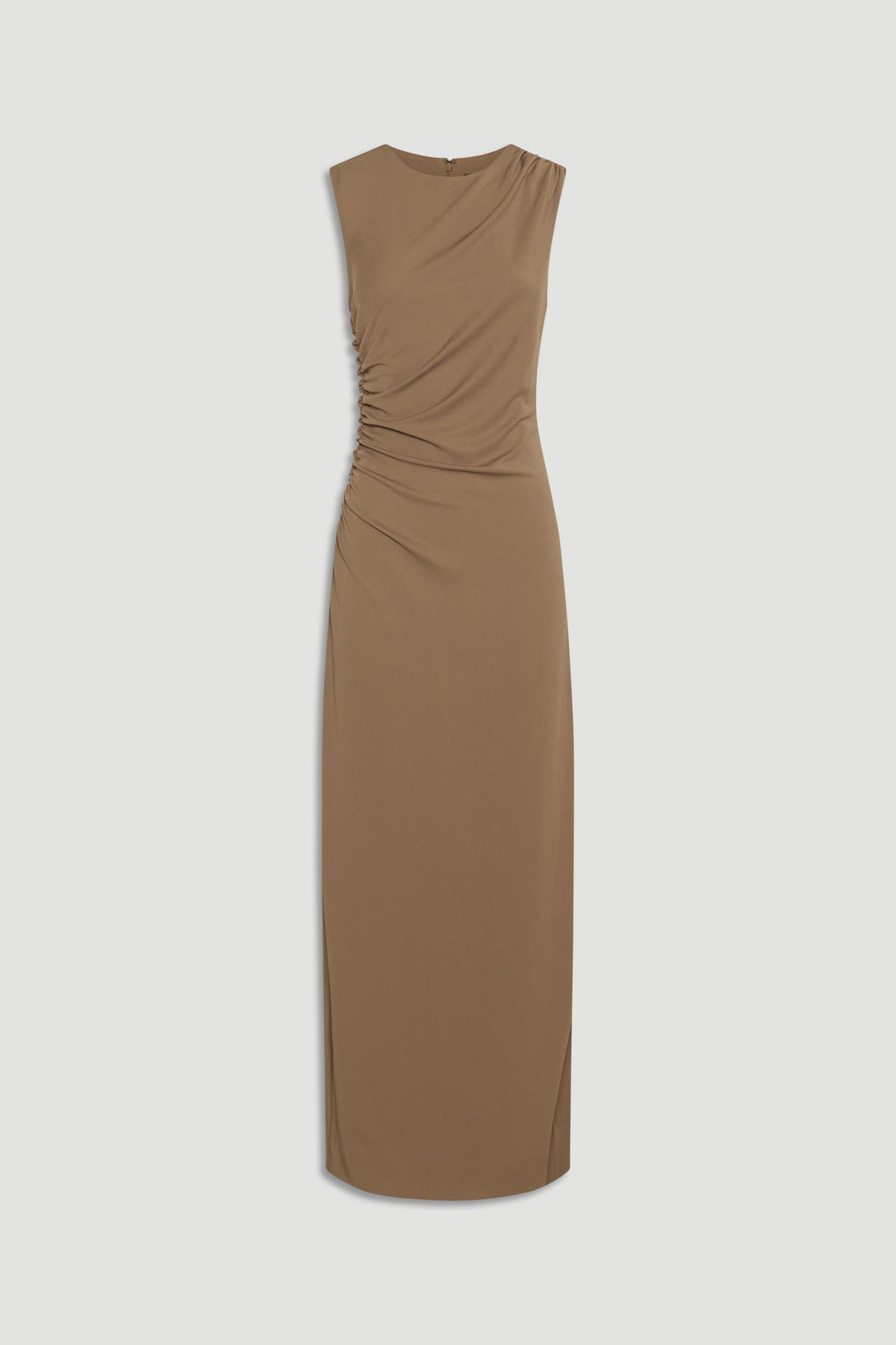 Sleeveless brown maxi dress with subtle ruched detailing on one side for an elegant, streamlined silhouette.