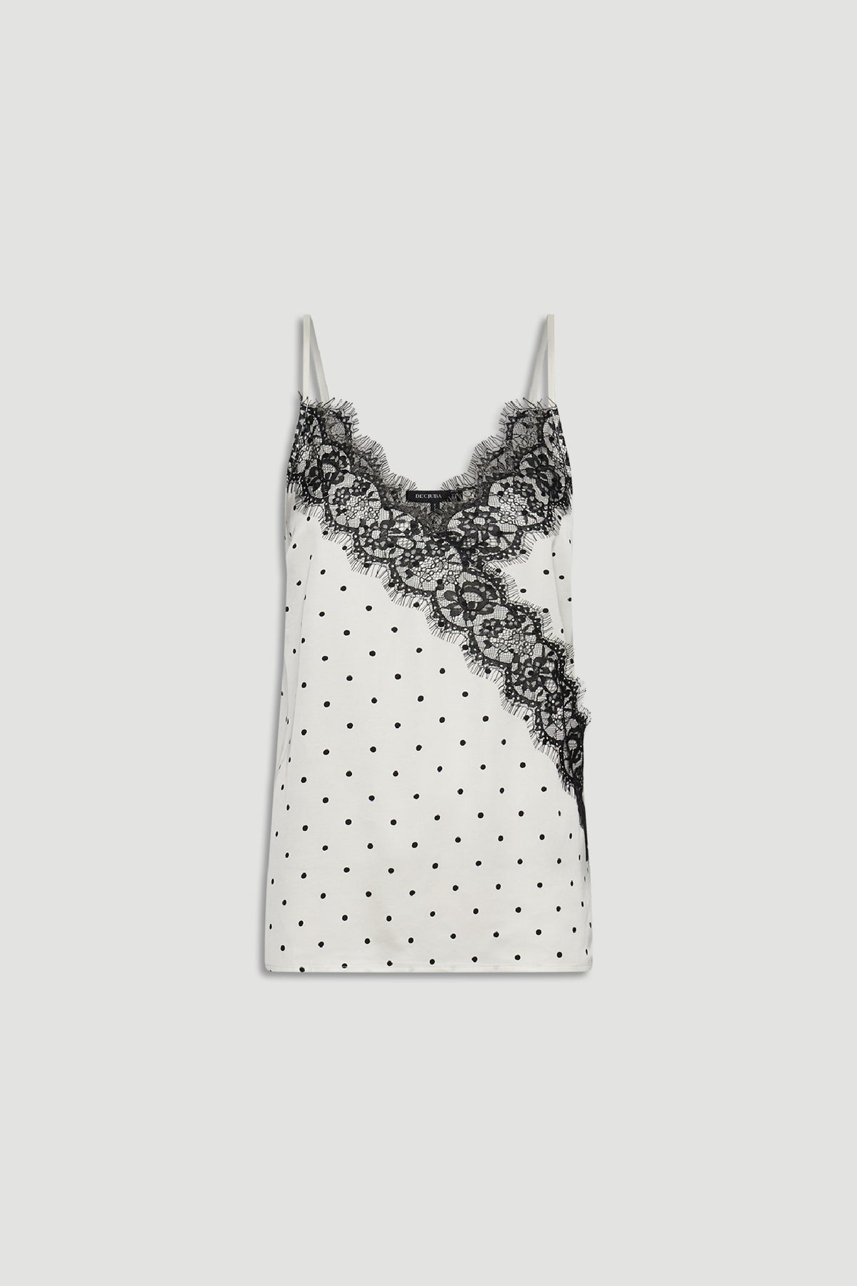 Bella Lace Cami in white fabric with black polka dots and delicate black lace trim by DECJUBA Australian fashion brand