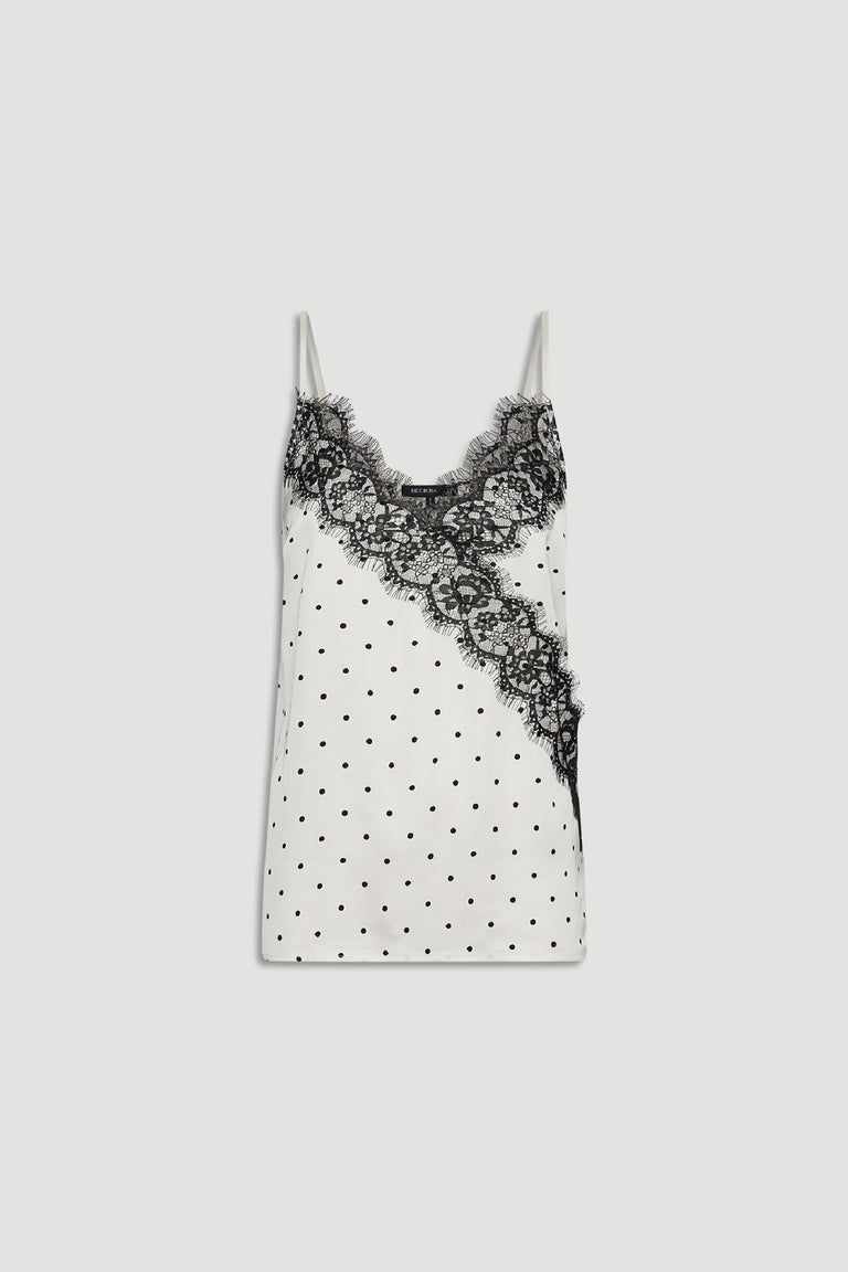 Bella Lace Cami in white fabric with black polka dots and delicate black lace trim by DECJUBA Australian fashion brand