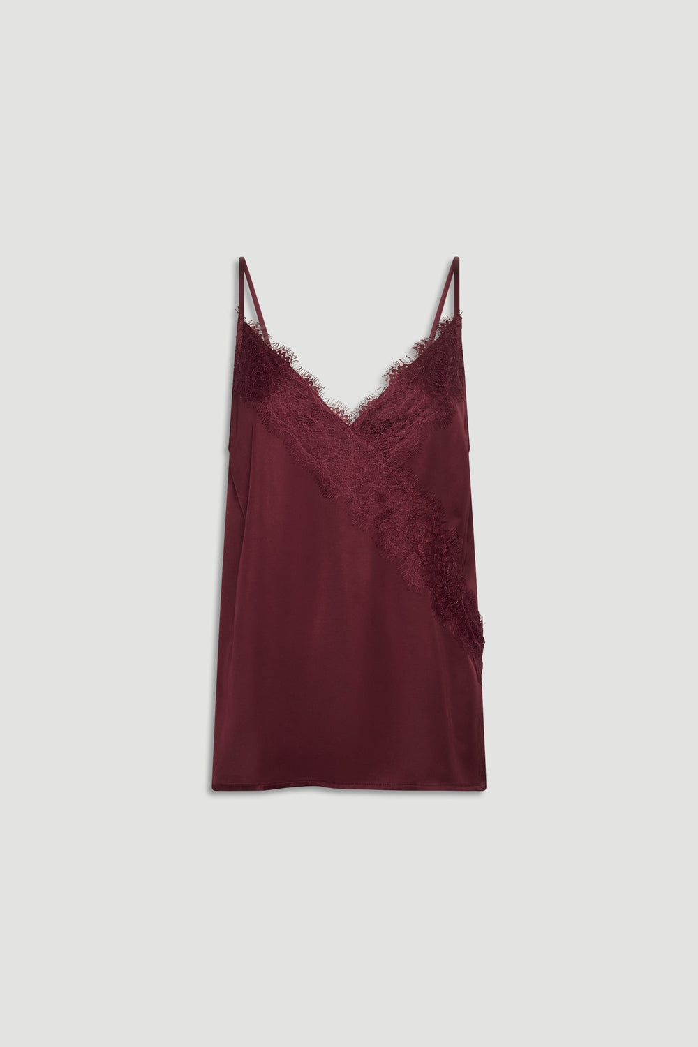 Plum lace-trimmed cami with delicate straps and a smooth, silky finish for a versatile layering piece.