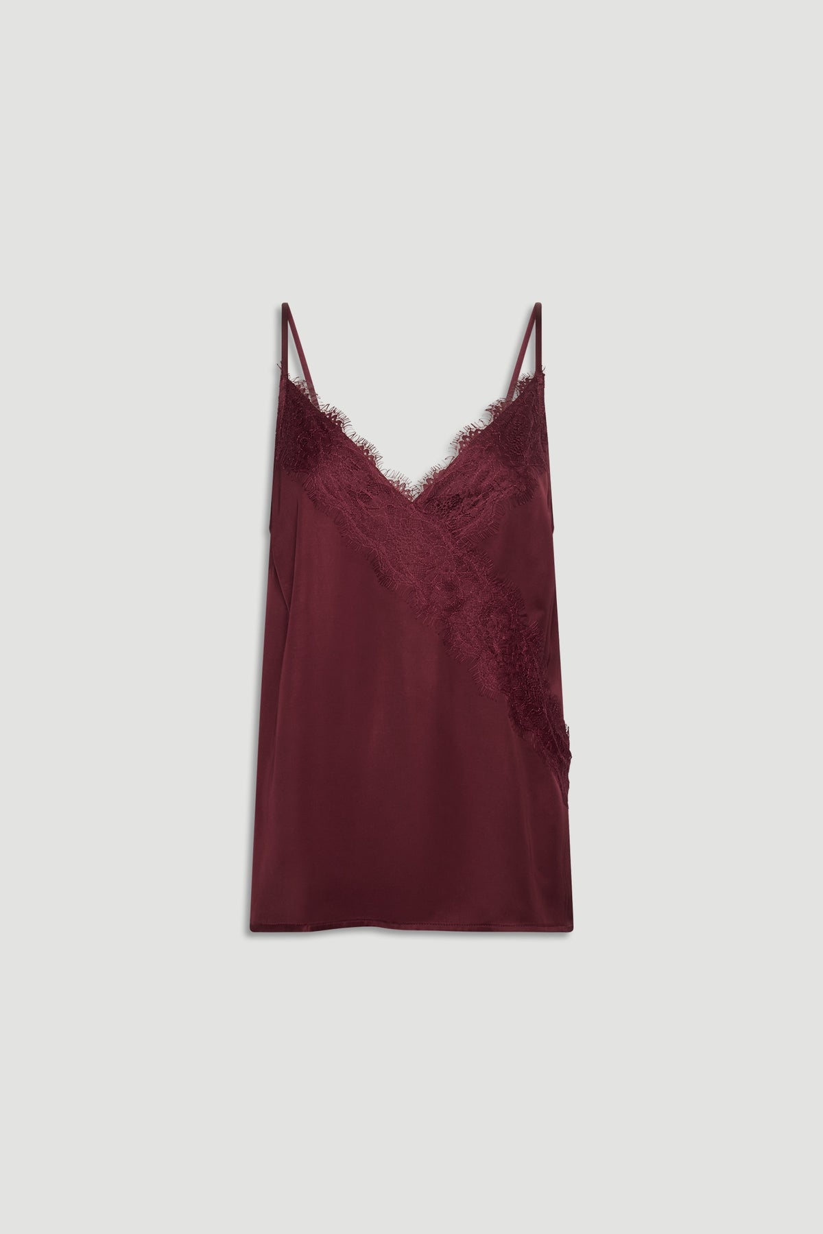 Plum lace-trimmed cami with delicate straps and a smooth, silky finish for a versatile layering piece.