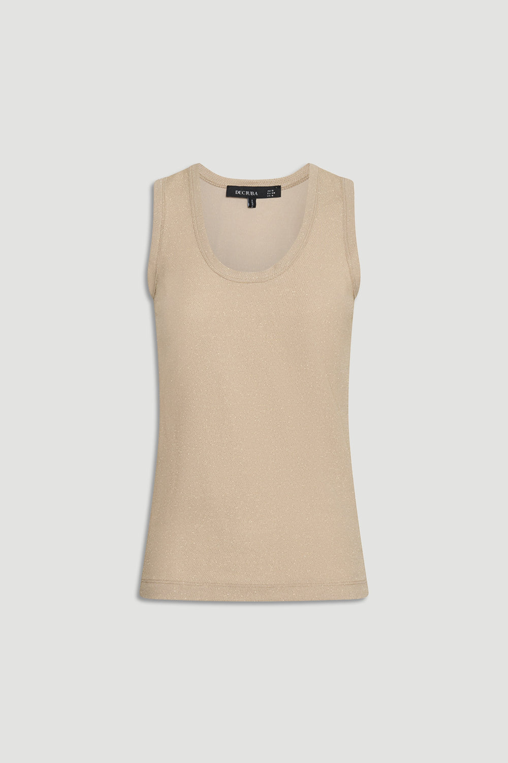 Sleeveless beige metallic tank top with a soft shimmer and scoop neckline for a sleek, versatile look.