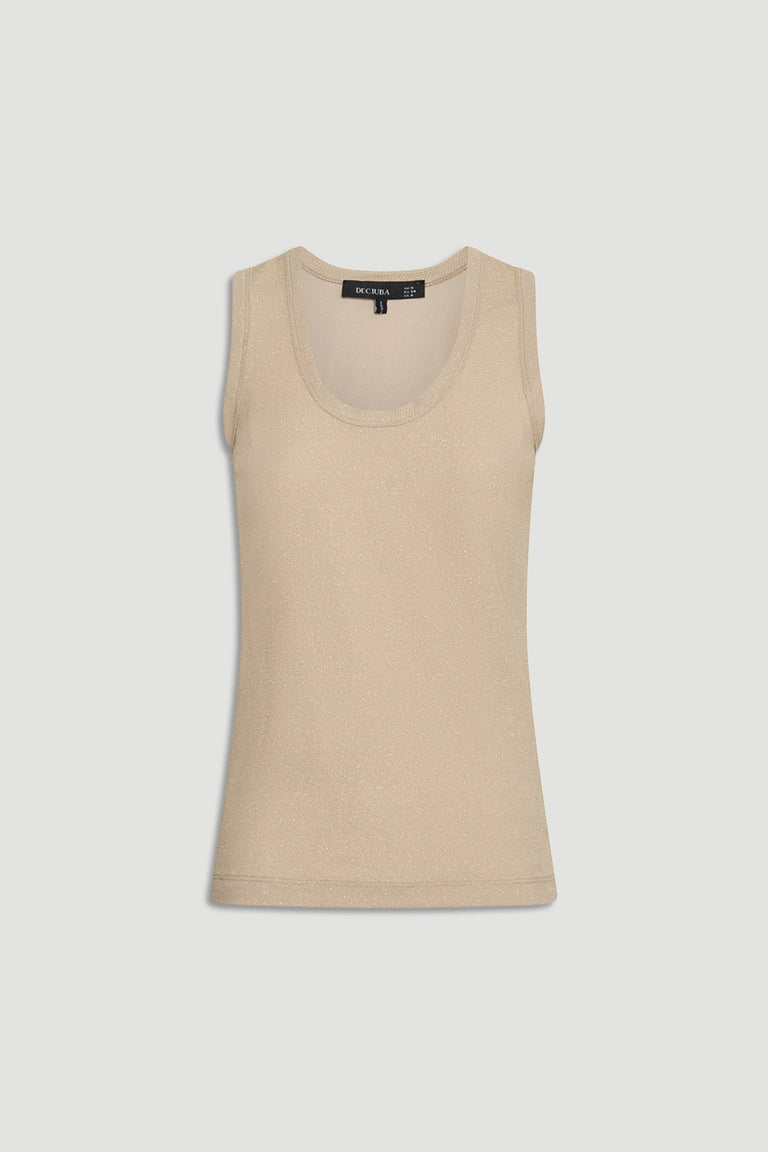 Sleeveless beige metallic tank top with a soft shimmer and scoop neckline for a sleek, versatile look.