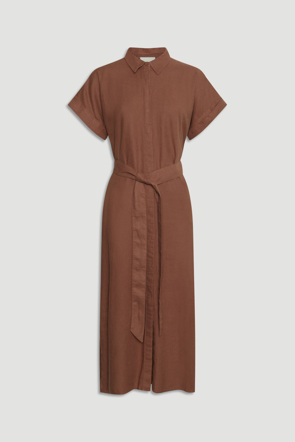 Brown linen blend midi dress with short sleeves, collar, and matching fabric belt for a relaxed yet polished look