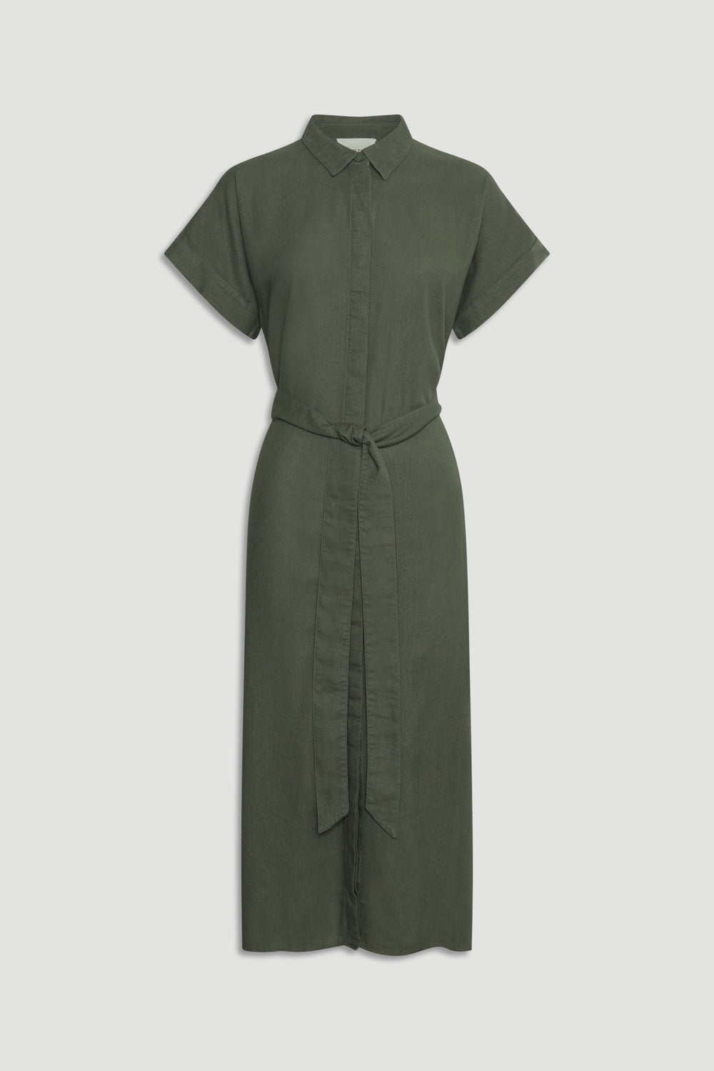 D-Luxe Linen Blend Midi Dress in olive green, lightweight breathable fabric with a tie waist, gallery image 4 portrait view