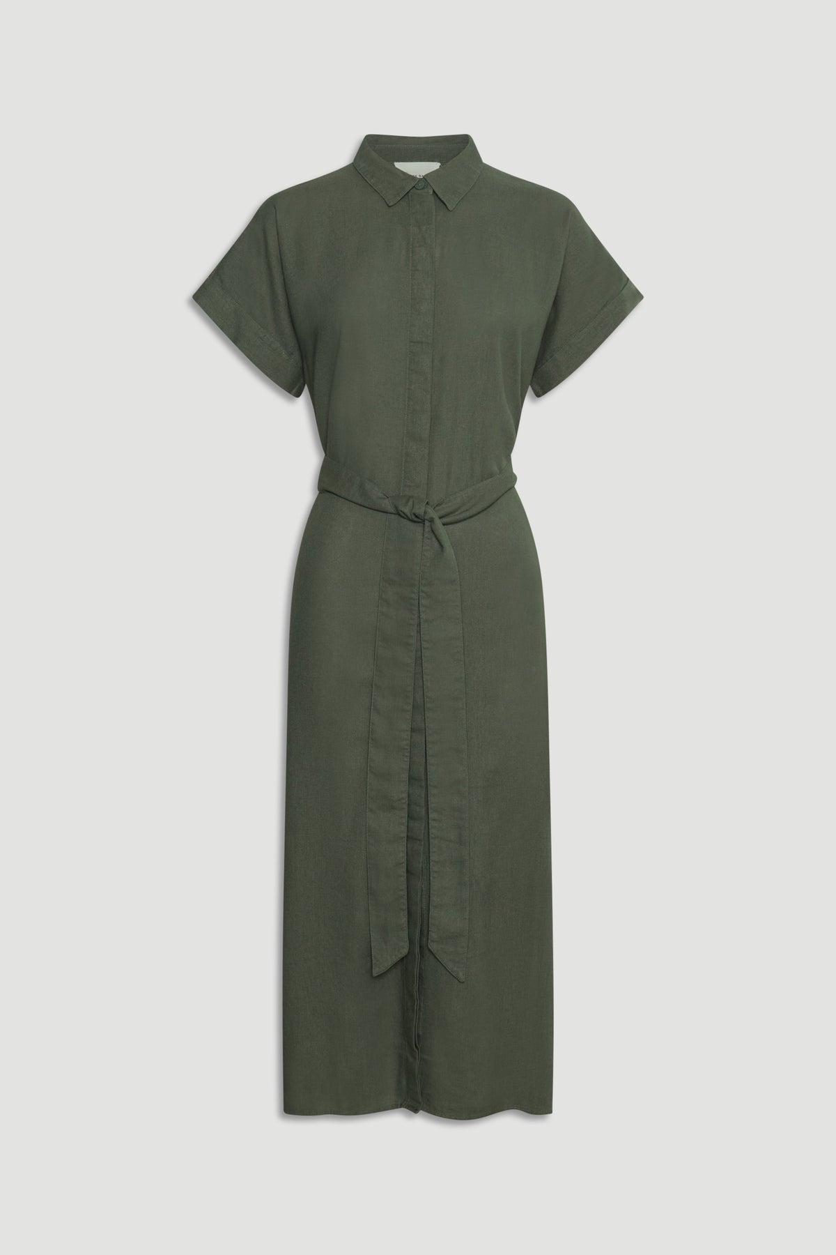 D-Luxe Linen Blend Midi Dress in olive green, lightweight breathable fabric with a tie waist, gallery image 4 portrait view