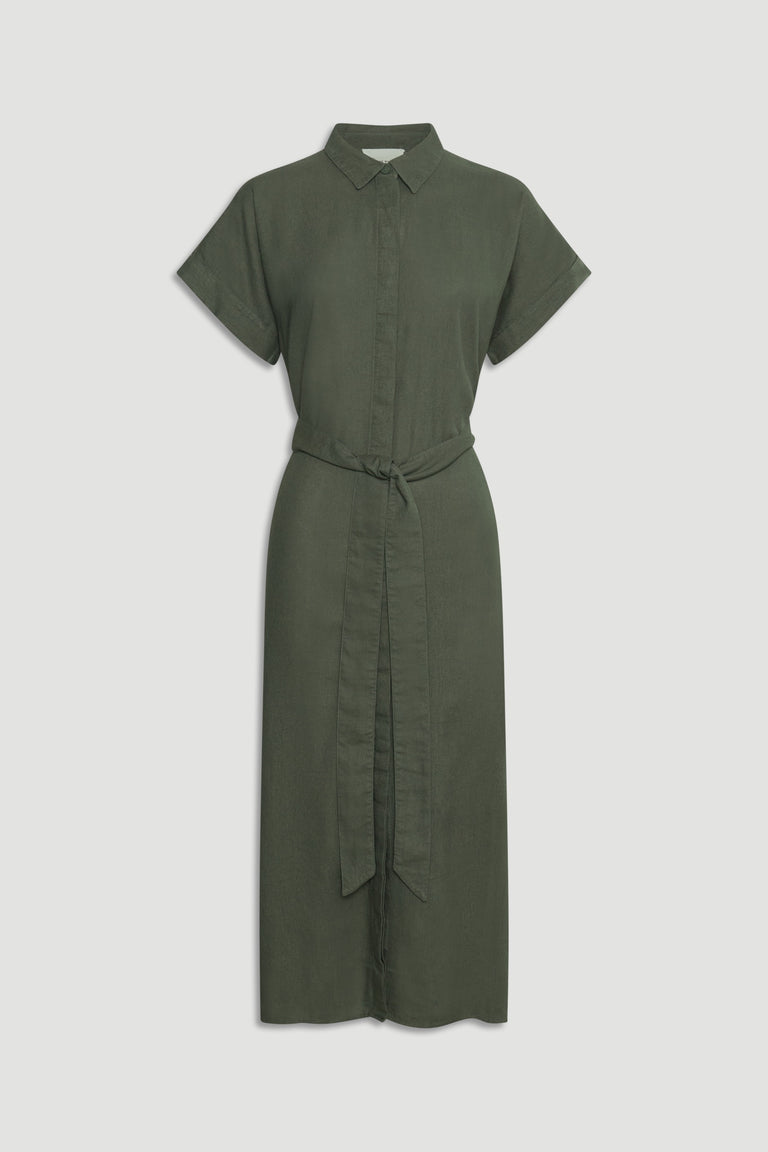 D-Luxe Linen Blend Midi Dress in olive green, lightweight breathable fabric with a tie waist, gallery image 4 portrait view