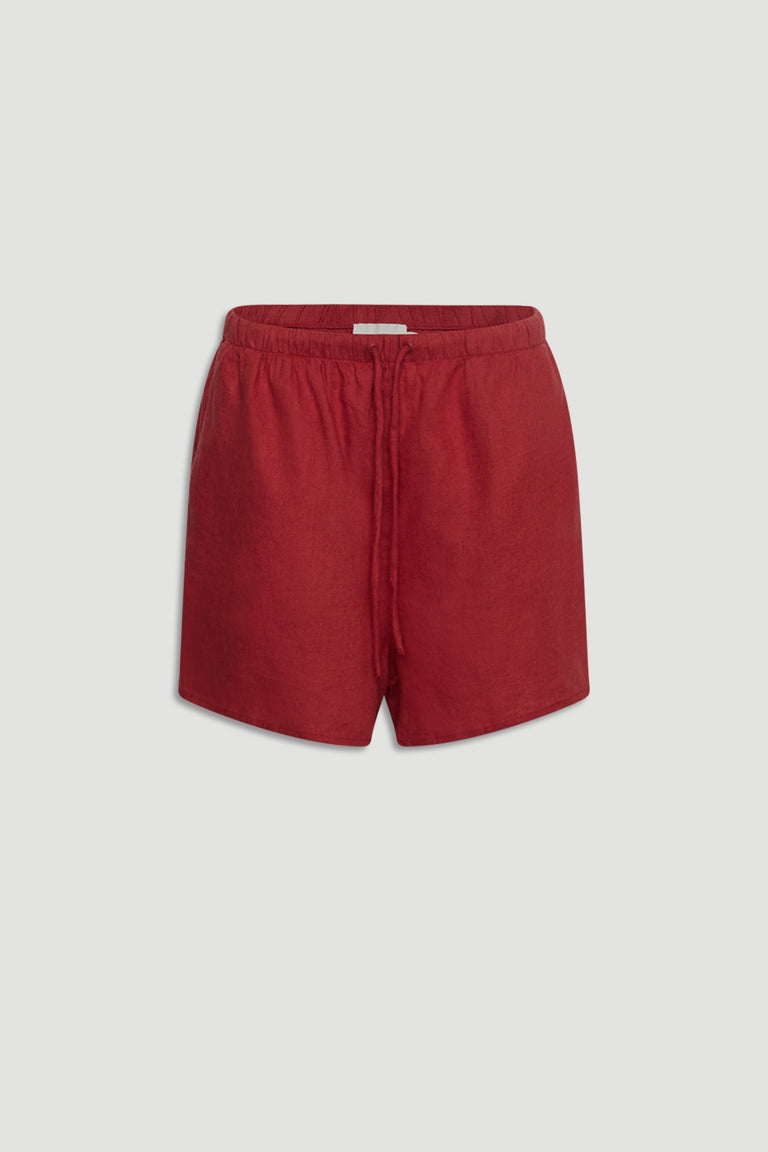 D-Luxe Linen Blend Flip Short in deep red, lightweight breathable linen, gallery image 4 with portrait view.