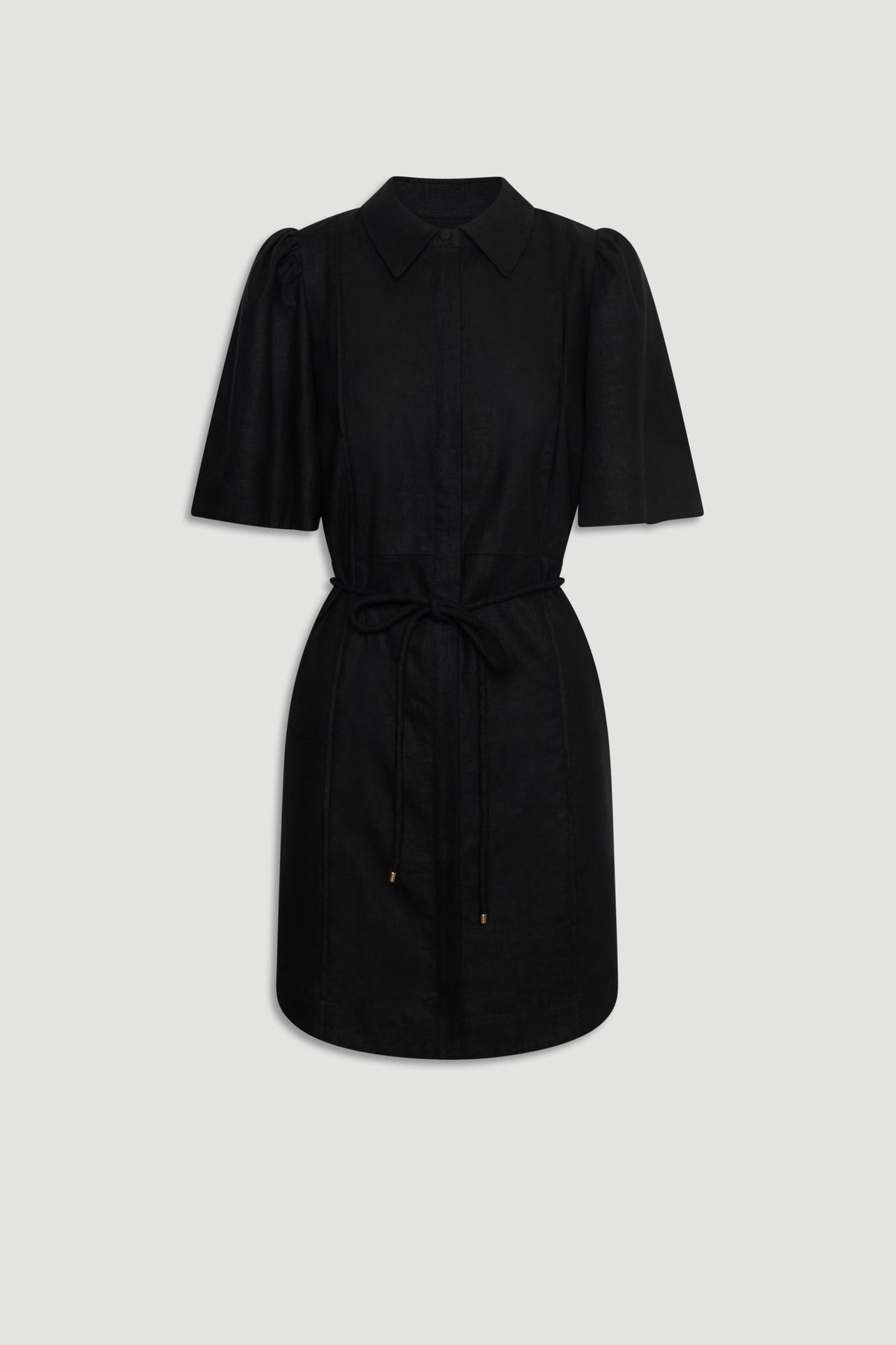 Black mini shirt dress with puff sleeves and a tied waist belt, offering a sleek and versatile silhouette.