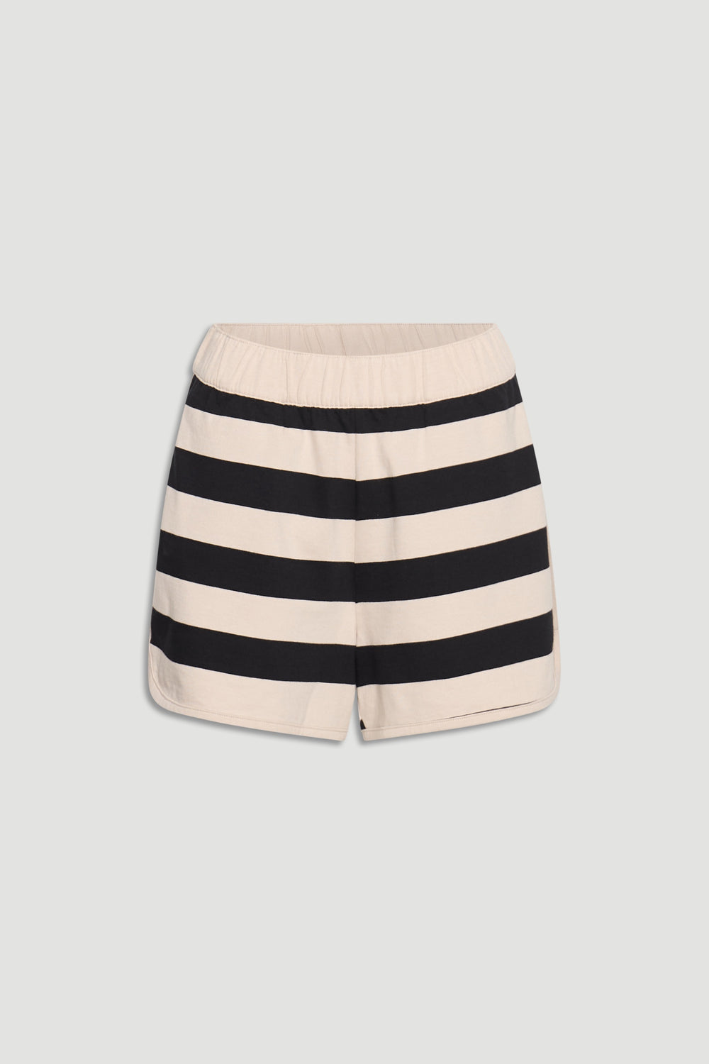 Casual shorts with bold black and eggshell horizontal stripes and an elastic waistband for everyday comfort.