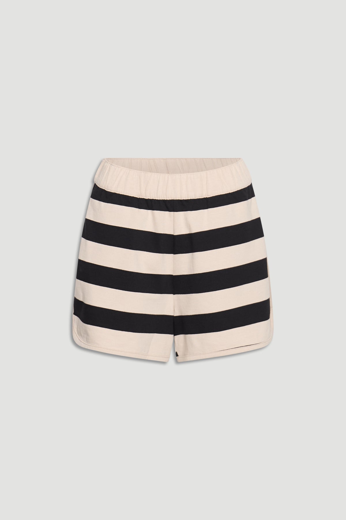 Casual shorts with bold black and eggshell horizontal stripes and an elastic waistband for everyday comfort.