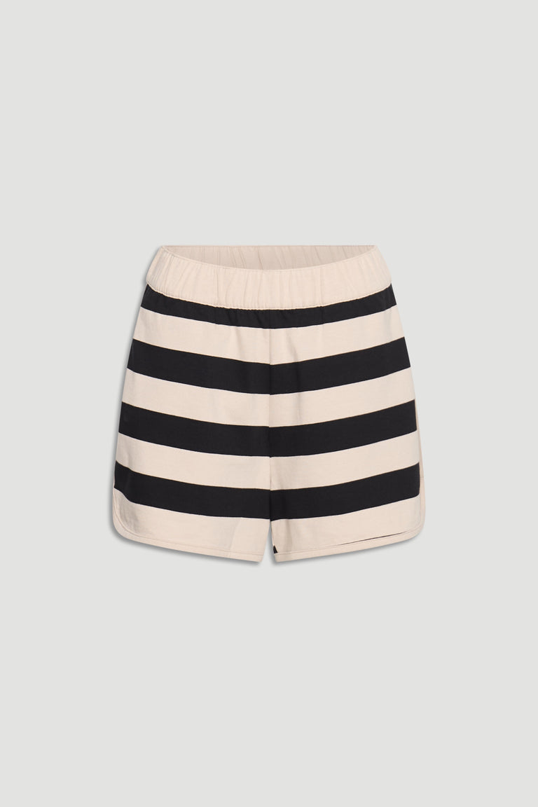Casual shorts with bold black and eggshell horizontal stripes and an elastic waistband for everyday comfort.
