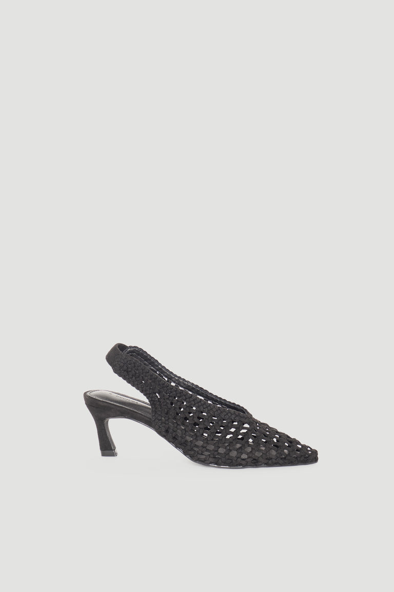 Black suede slingback point heel with woven detailing and a mid-height slender heel for a stylish look