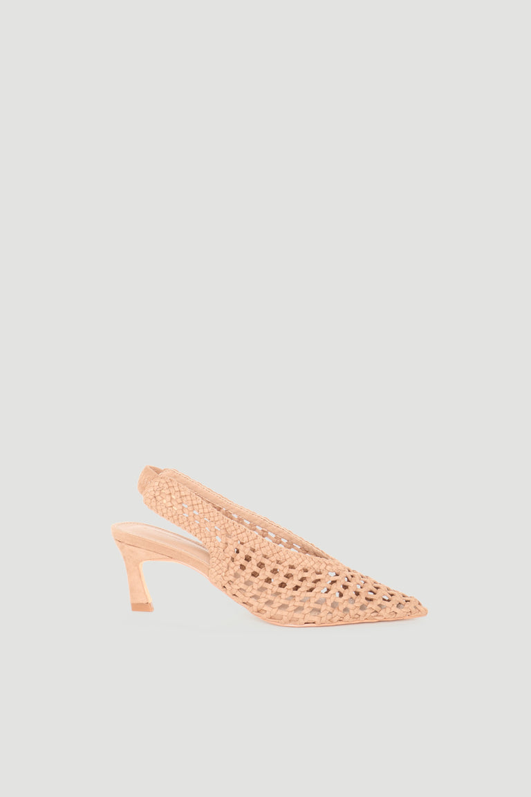 Camel suede slingback point heel shoe featuring woven detailing and a slender mid-height heel for elegant style.