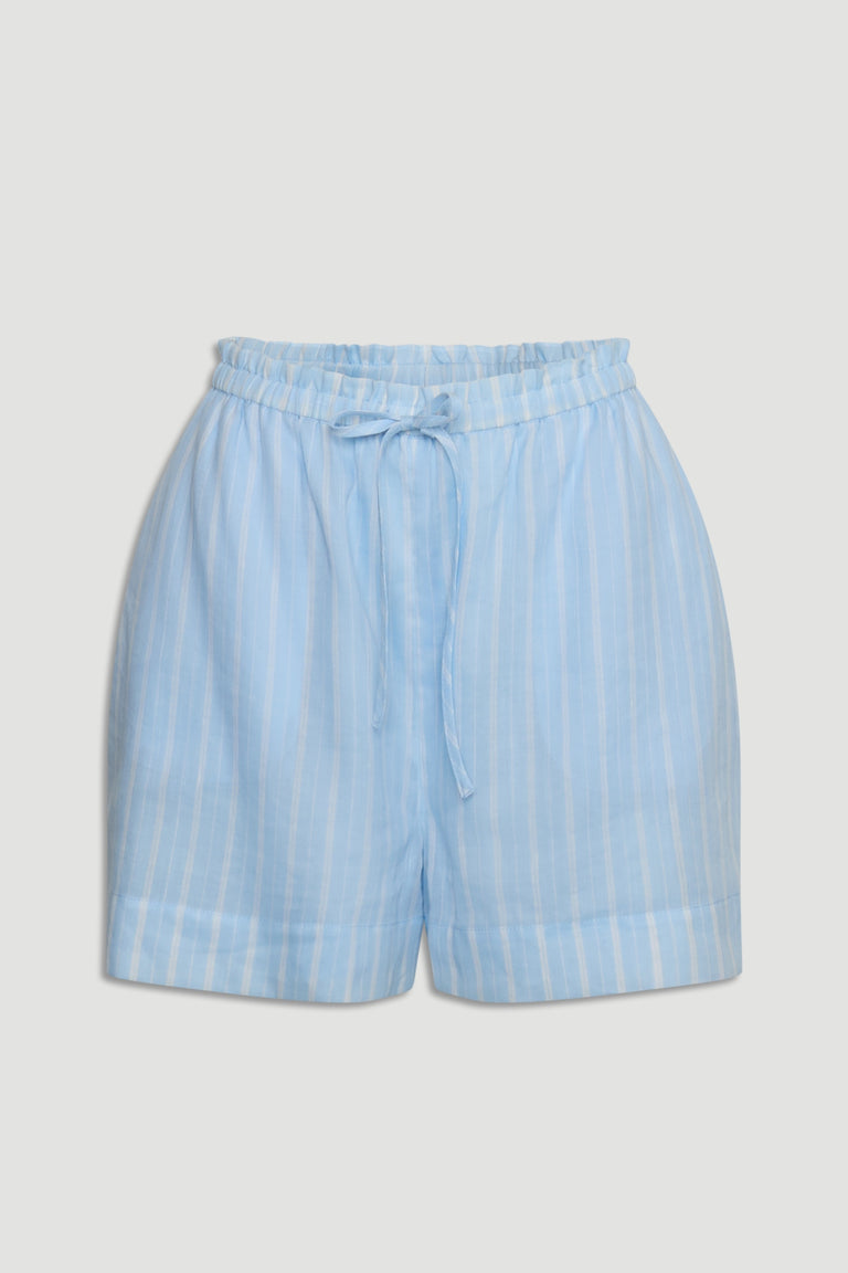 Brooke Ramie Short in light blue vertical stripes with elasticated waistband and adjustable draw cord, gallery position 4 portrait view
