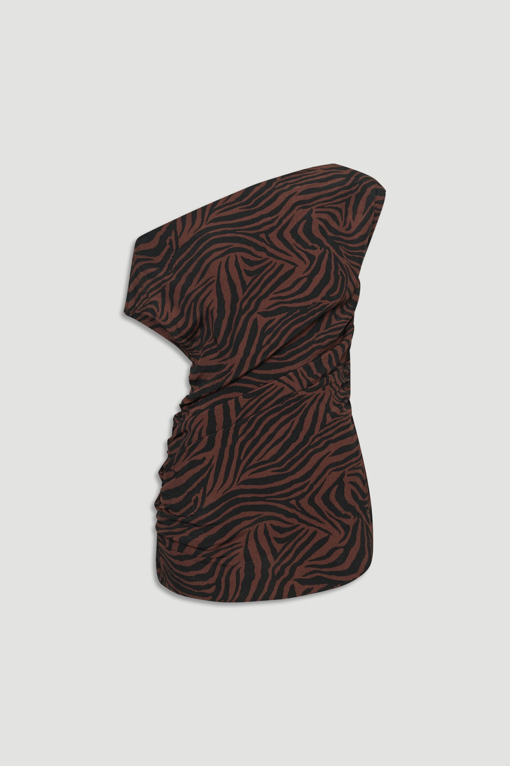 Ruched one-shoulder top featuring a rich brown and black abstract zebra print for a bold, stylish look.