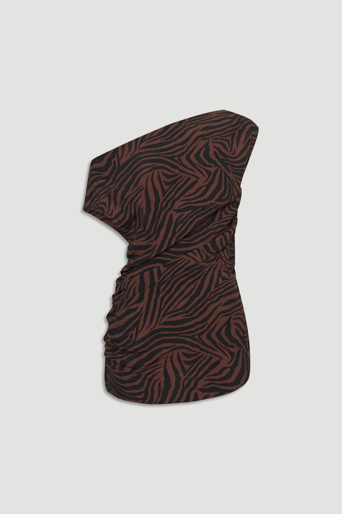 Ruched one-shoulder top featuring a rich brown and black abstract zebra print for a bold, stylish look.