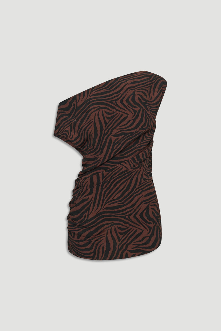 Ruched one-shoulder top featuring a rich brown and black abstract zebra print for a bold, stylish look.