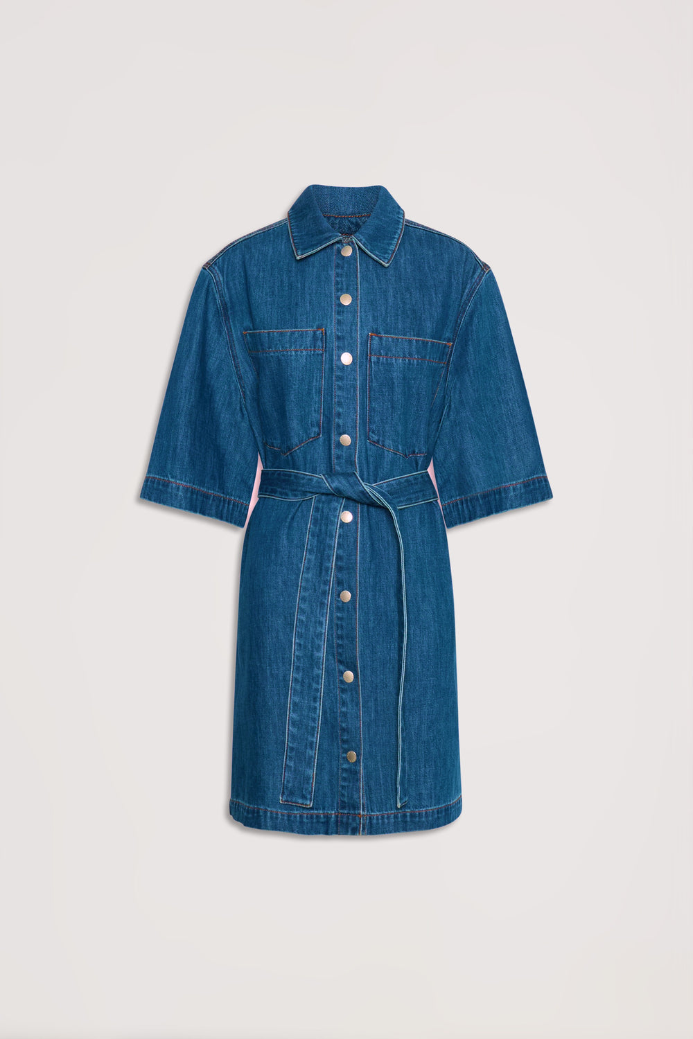 Blue denim shirt dress with half sleeves, front pockets, button closure, and a matching fabric belt at the waist.