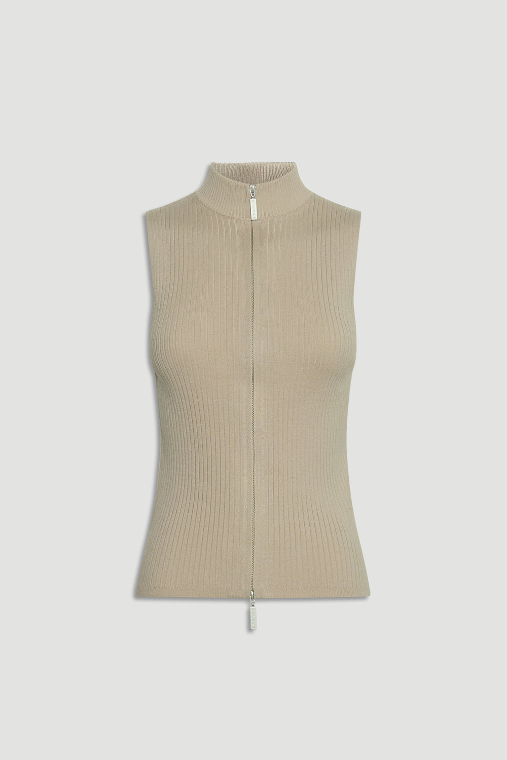 Sleeveless beige knit top with a high neck and full front zipper, featuring a ribbed textured design.