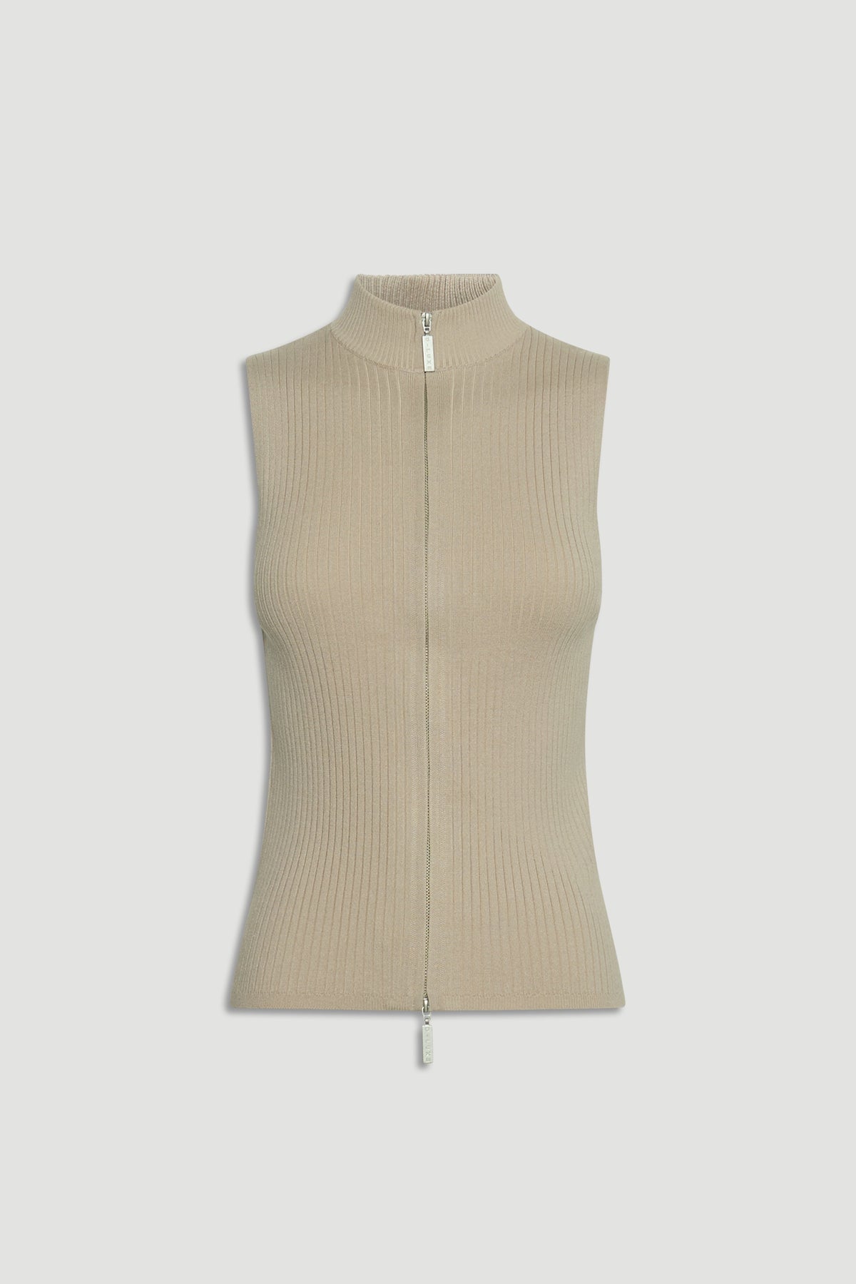 Sleeveless beige knit top with a high neck and full front zipper, featuring a ribbed textured design.