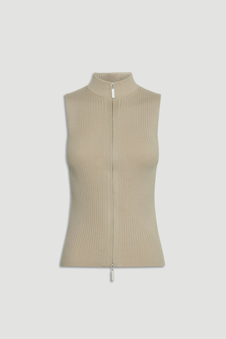 Sleeveless beige knit top with a high neck and full front zipper, featuring a ribbed textured design.