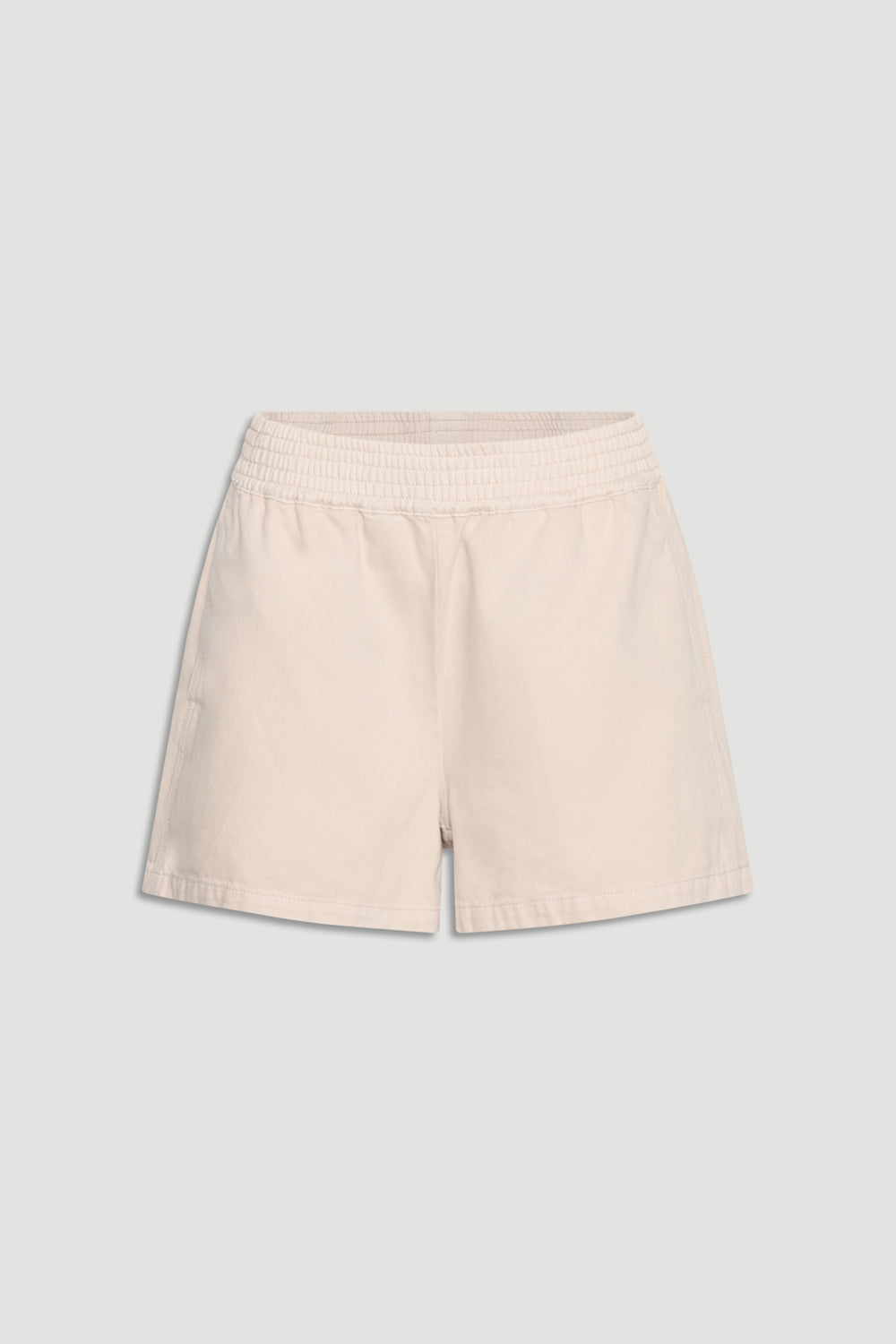 Light beige pull on denim shorts with an elasticated waistband and functional side pockets