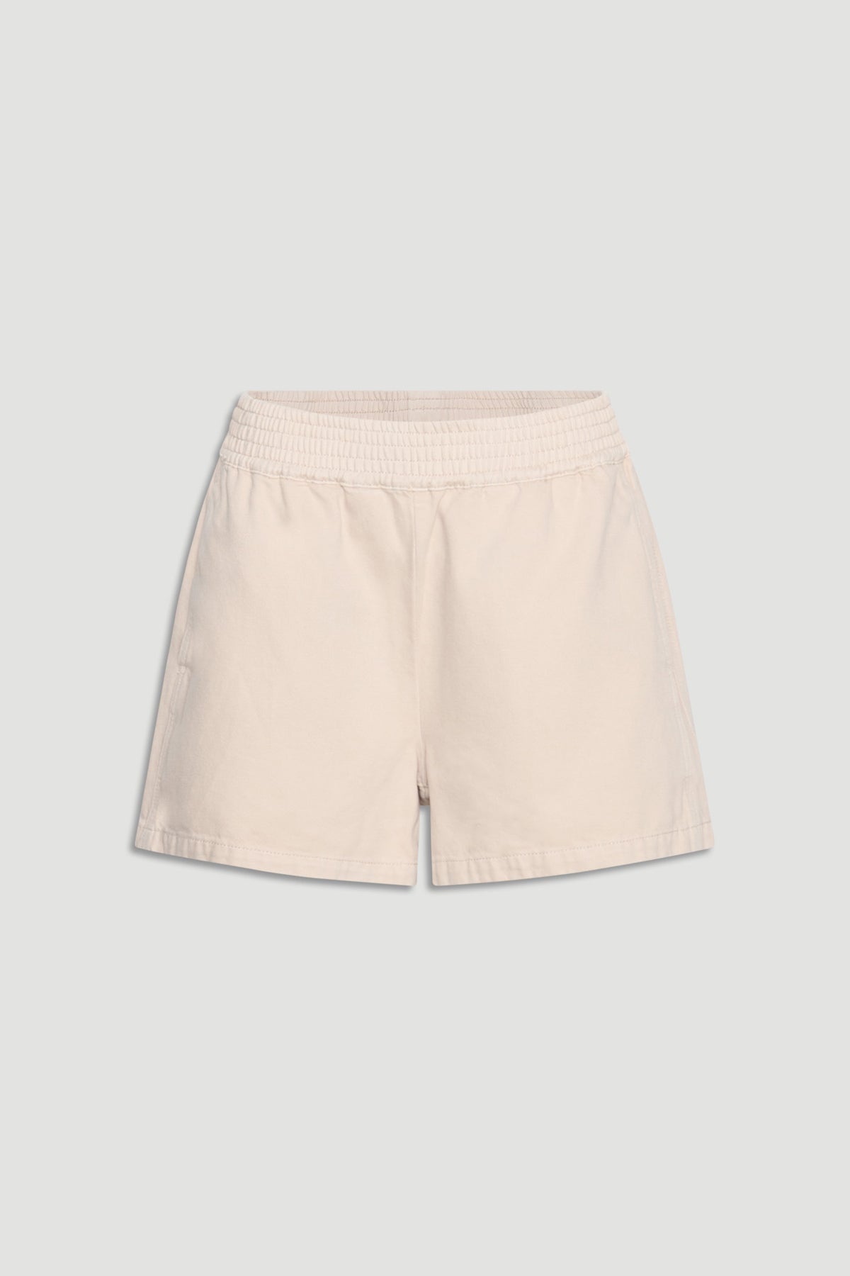 Light beige pull on denim shorts with an elasticated waistband and functional side pockets